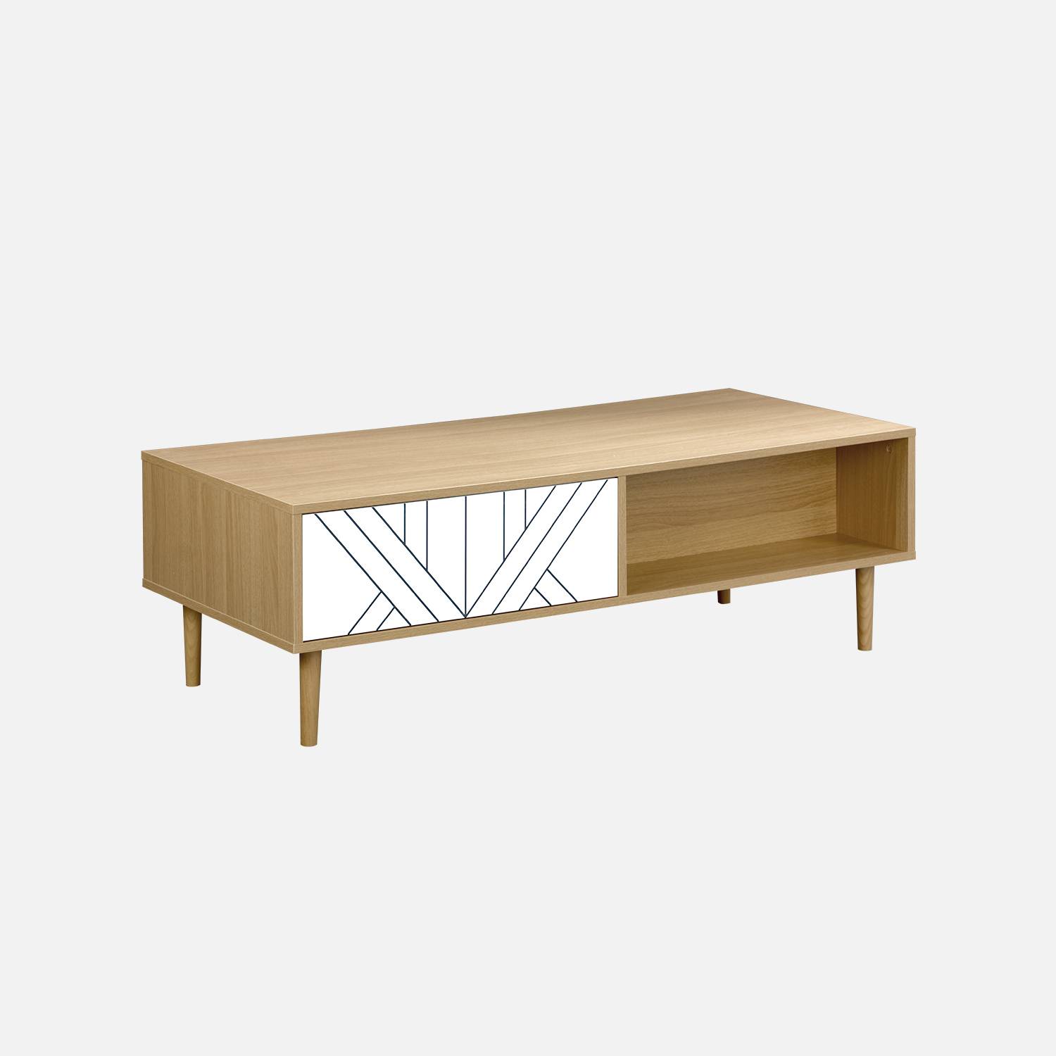 Table basse en décor bois et blanc - Mika - 2 tiroirs, 2 espaces de rangement, L 120 x l 55 x H 40cm,sweeek,Photo3