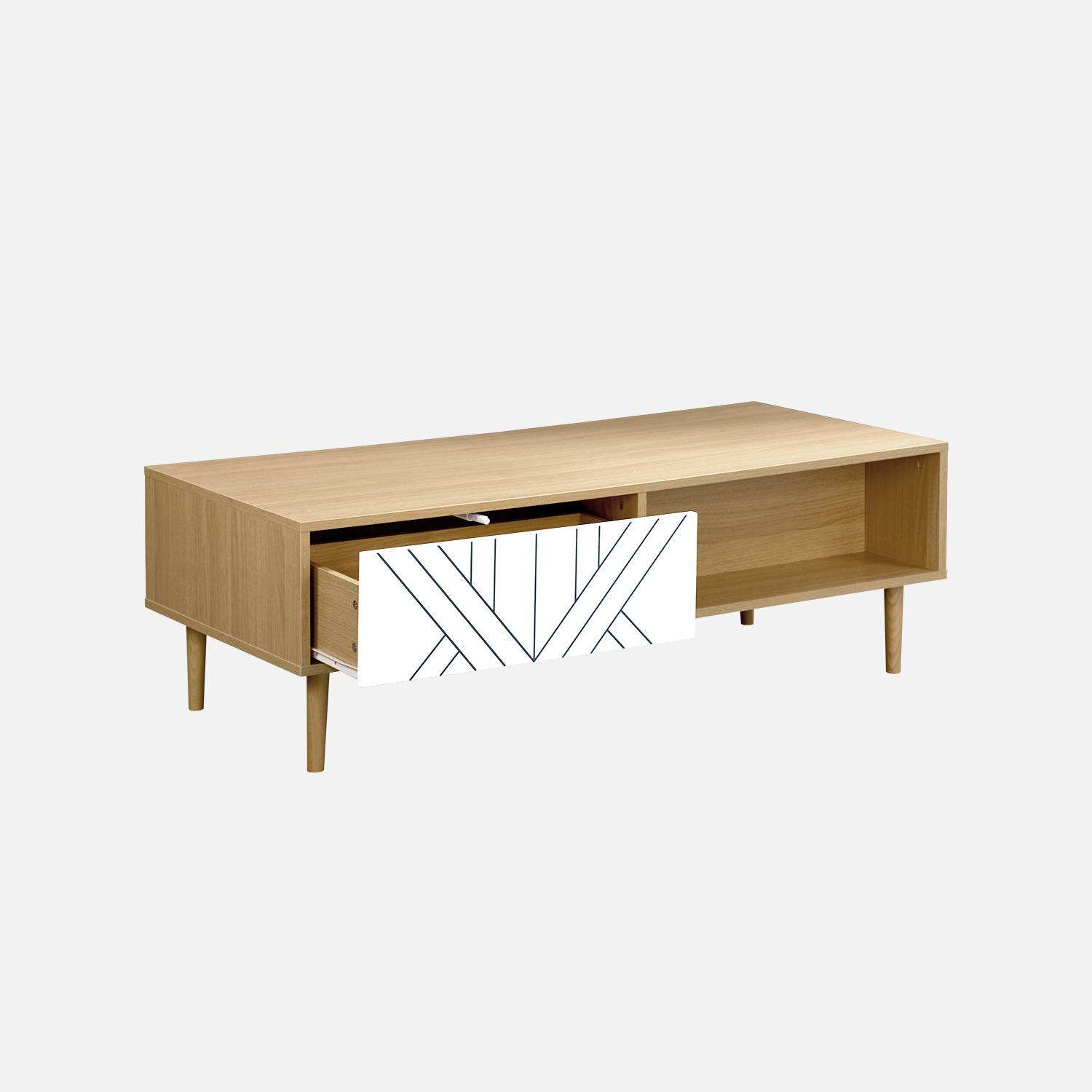 Table basse en décor bois et blanc - Mika - 2 tiroirs, 2 espaces de rangement, L 120 x l 55 x H 40cm,sweeek,Photo4