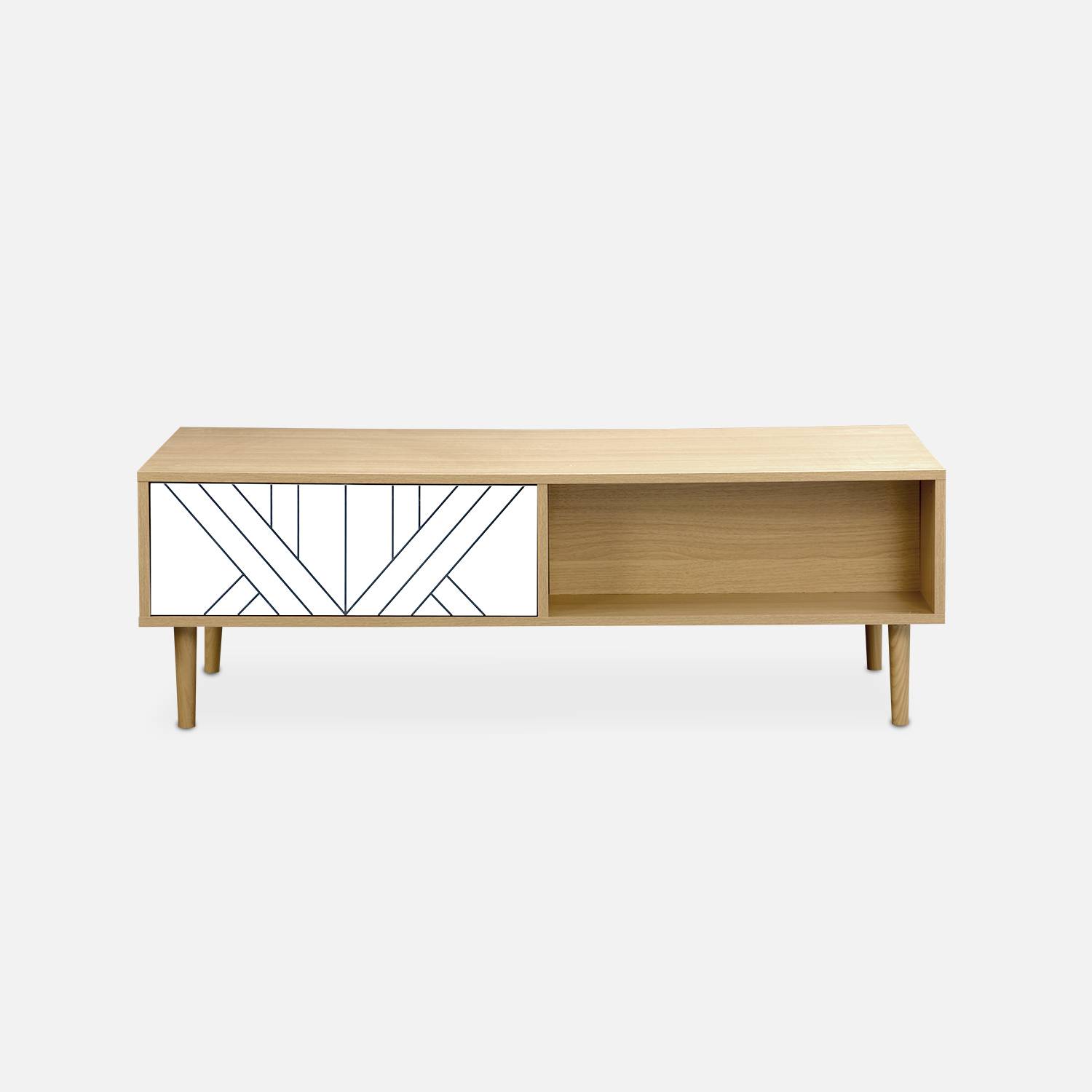 Tavolino in legno e decoro bianco - Mika - 2 cassetti, 2 vani portaoggetti, L 120 x L 55 x H 40cm Photo5