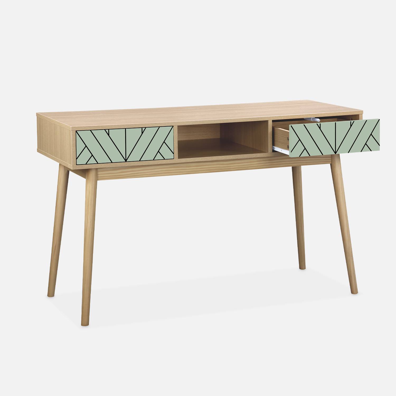 Wood-effect console table with two drawers and one storage nook, 120x48x75cm - Mika - Green Photo3