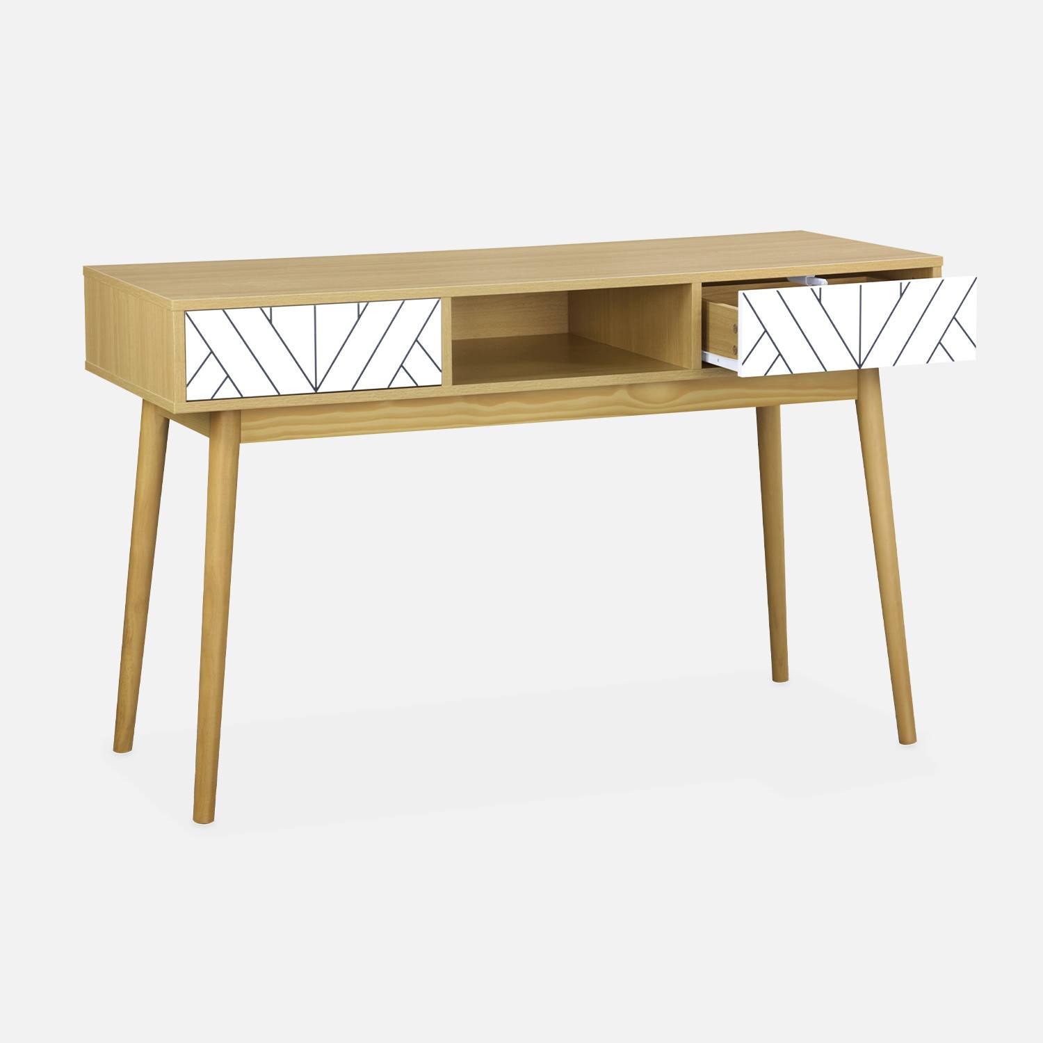Wood-effect console table with two drawers and one storage nook, 120x48x75cm - Mika - White Photo6