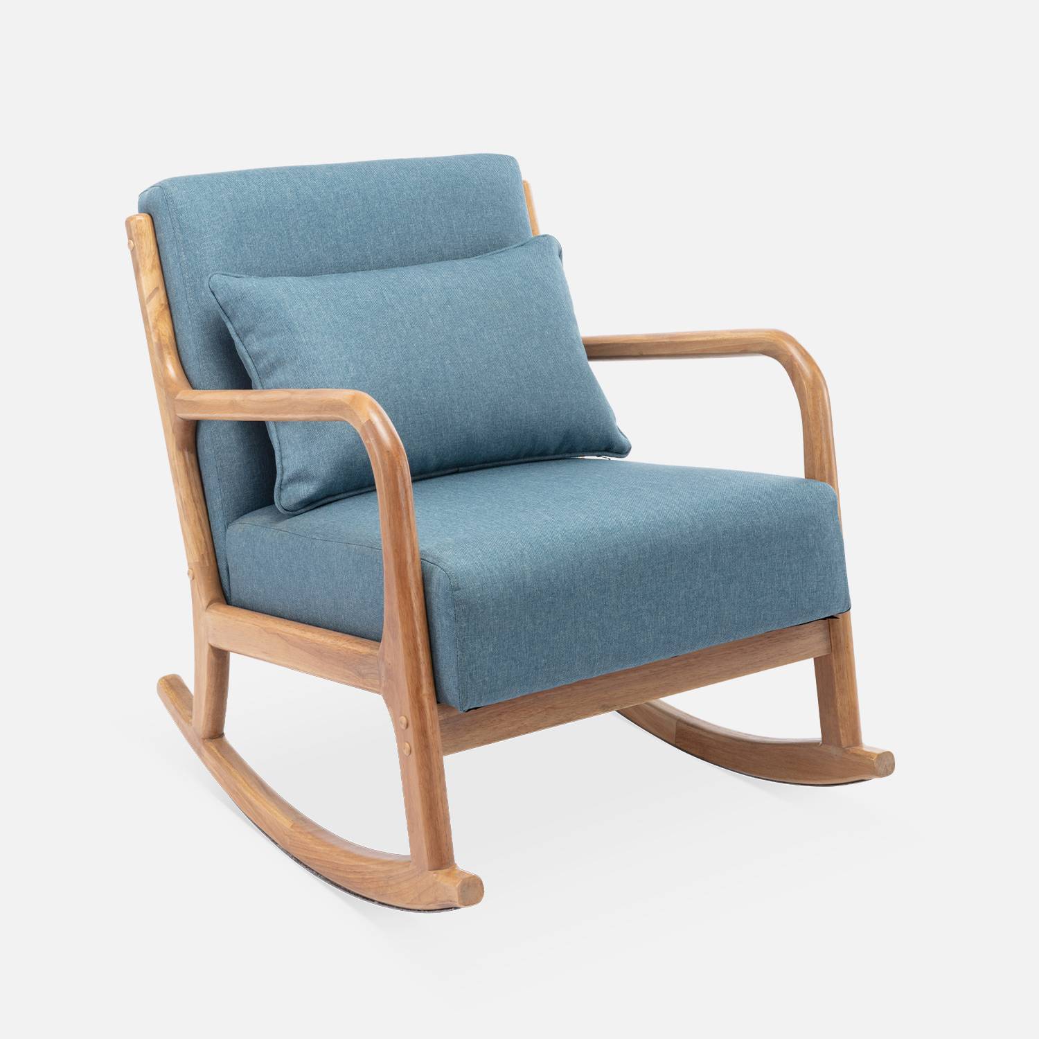 Schaukelstuhl Design Holz und Stoff, Blau, 1 Sitz, skandinavischer Schaukelstuhl  | sweeek
