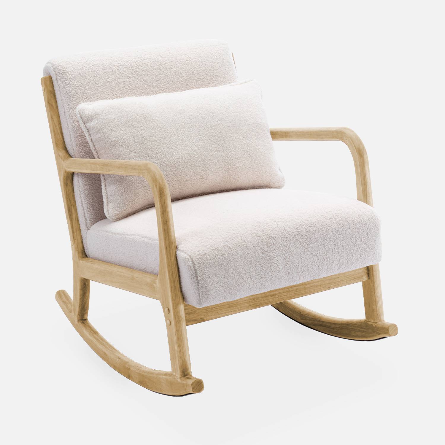 Fauteuil à bascule design en bois et tissu, bouclettes blanches, 1 place, rocking chair scandinave,sweeek,Photo4