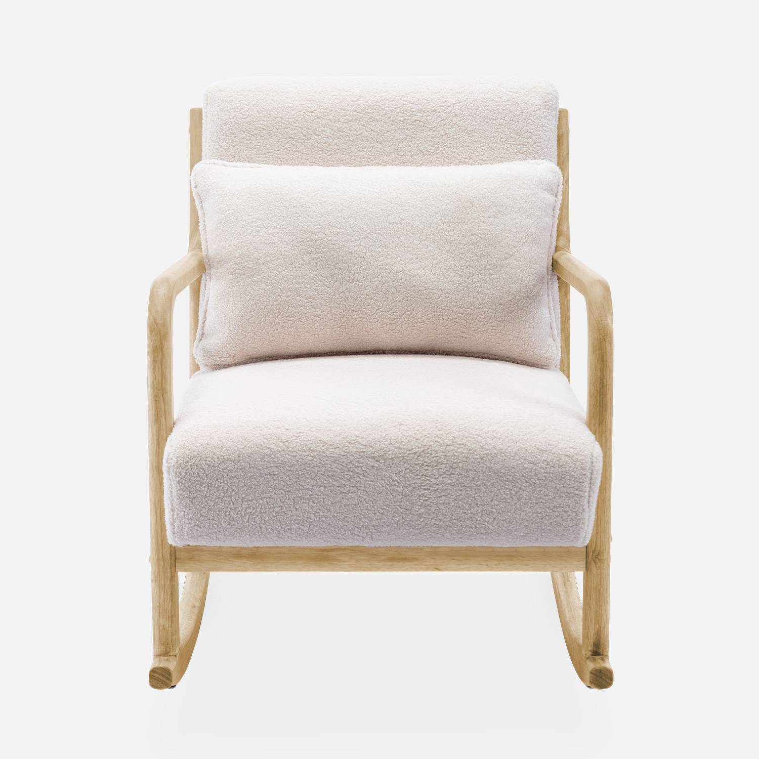 Cadeira de baloiço de design em madeira e tecido, caracóis brancos, 1 lugar, cadeira de baloiço escandinava Photo5