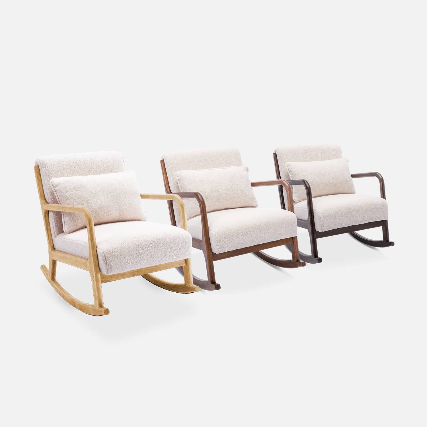 Cadeira de baloiço de design em madeira e tecido, caracóis brancos, 1 lugar, cadeira de baloiço escandinava Photo8
