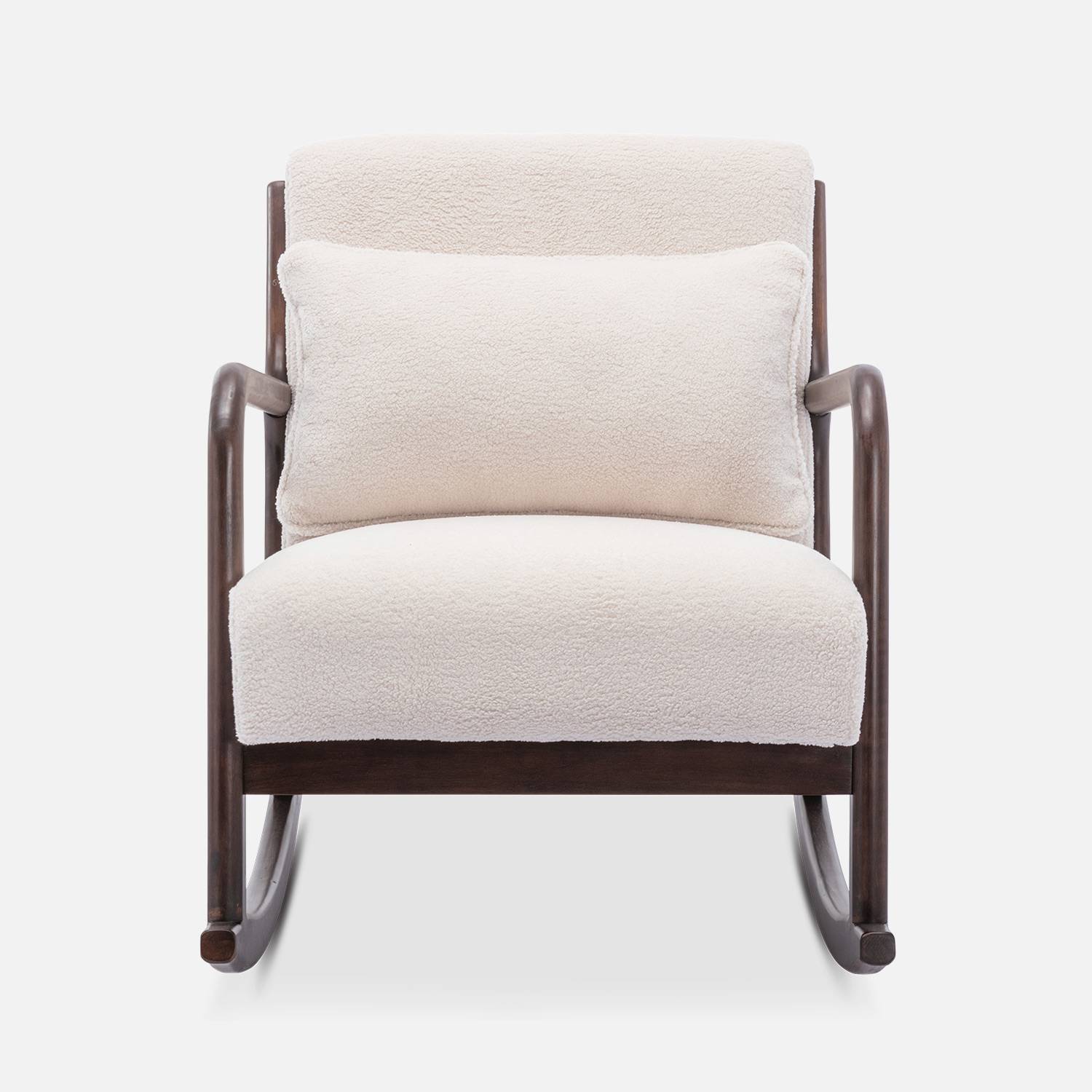 Cadeira de baloiço, tecido encaracolado branco, pernas de hevea manchadas de wengué, 1 lugar, cadeira de baloiço escandinava Photo4