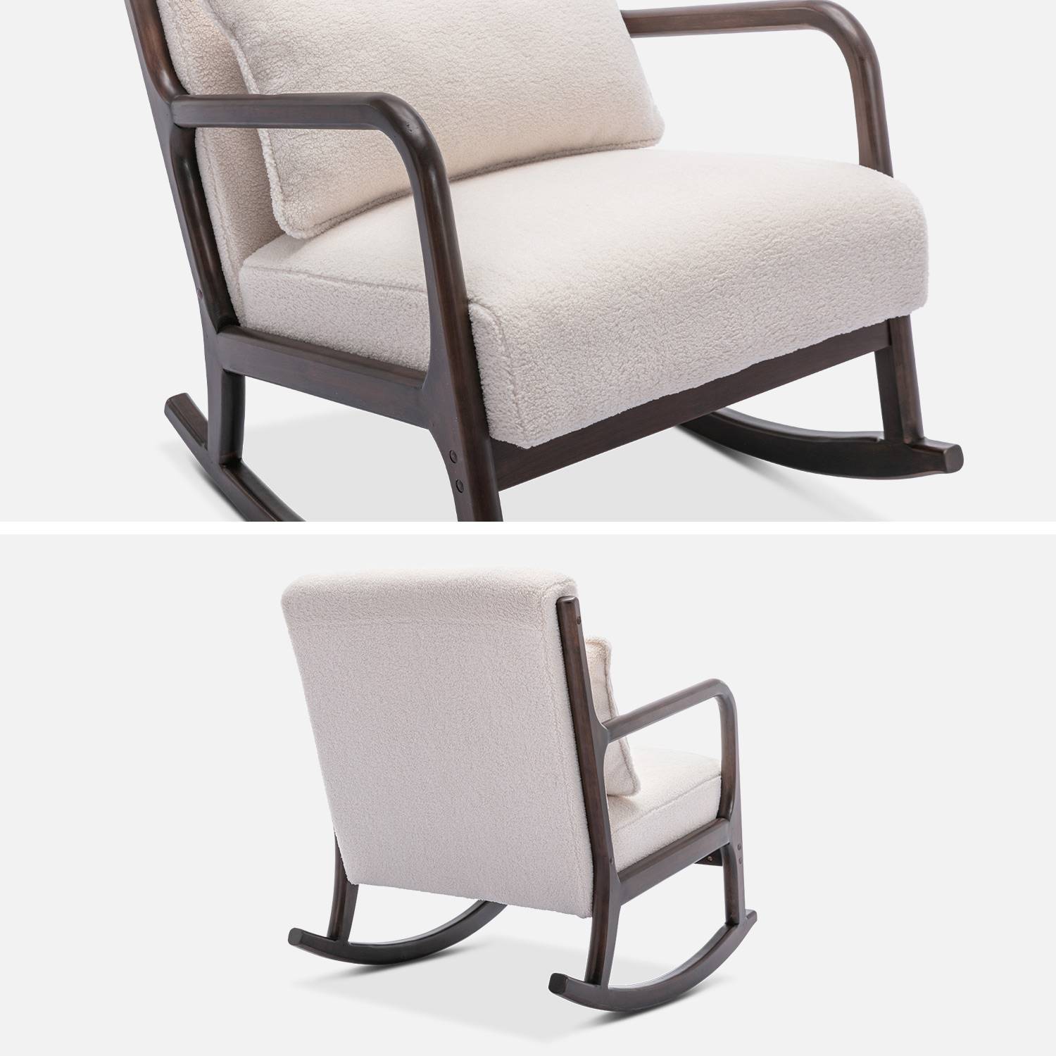 Cadeira de baloiço, tecido encaracolado branco, pernas de hevea manchadas de wengué, 1 lugar, cadeira de baloiço escandinava Photo6