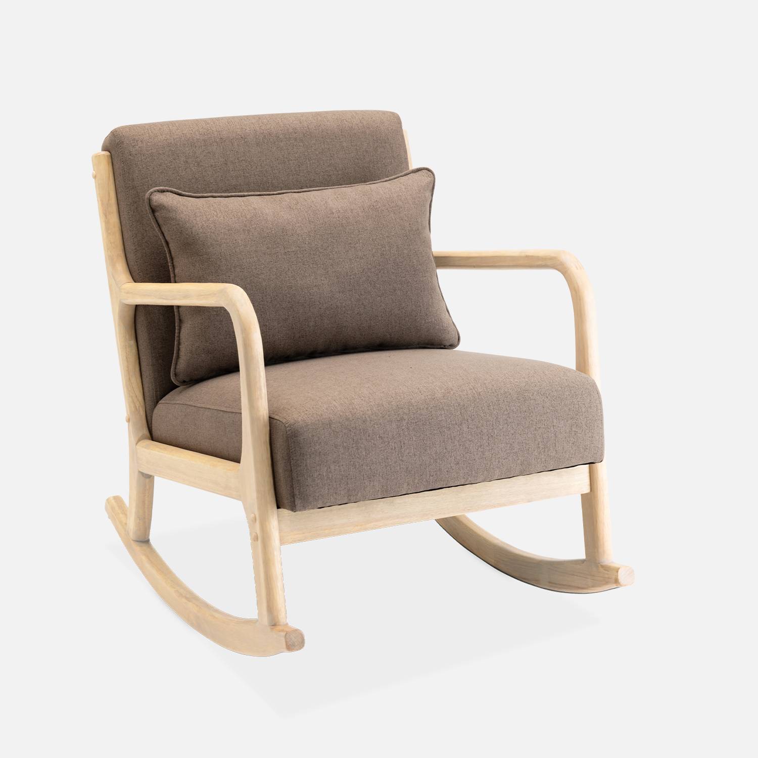 Sedia a dondolo marrone di design in legno e tessuto, 1 posto, sedia a dondolo scandinava Photo3