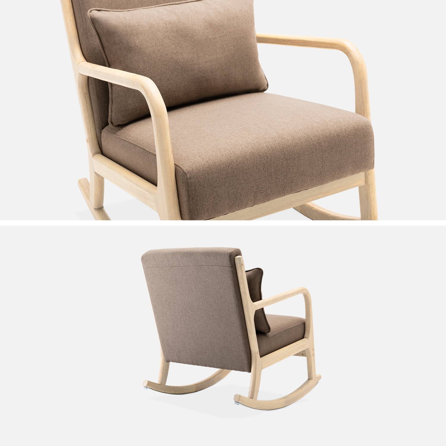Sedia a dondolo marrone di design in legno e tessuto, 1 posto, sedia a dondolo scandinava Photo5
