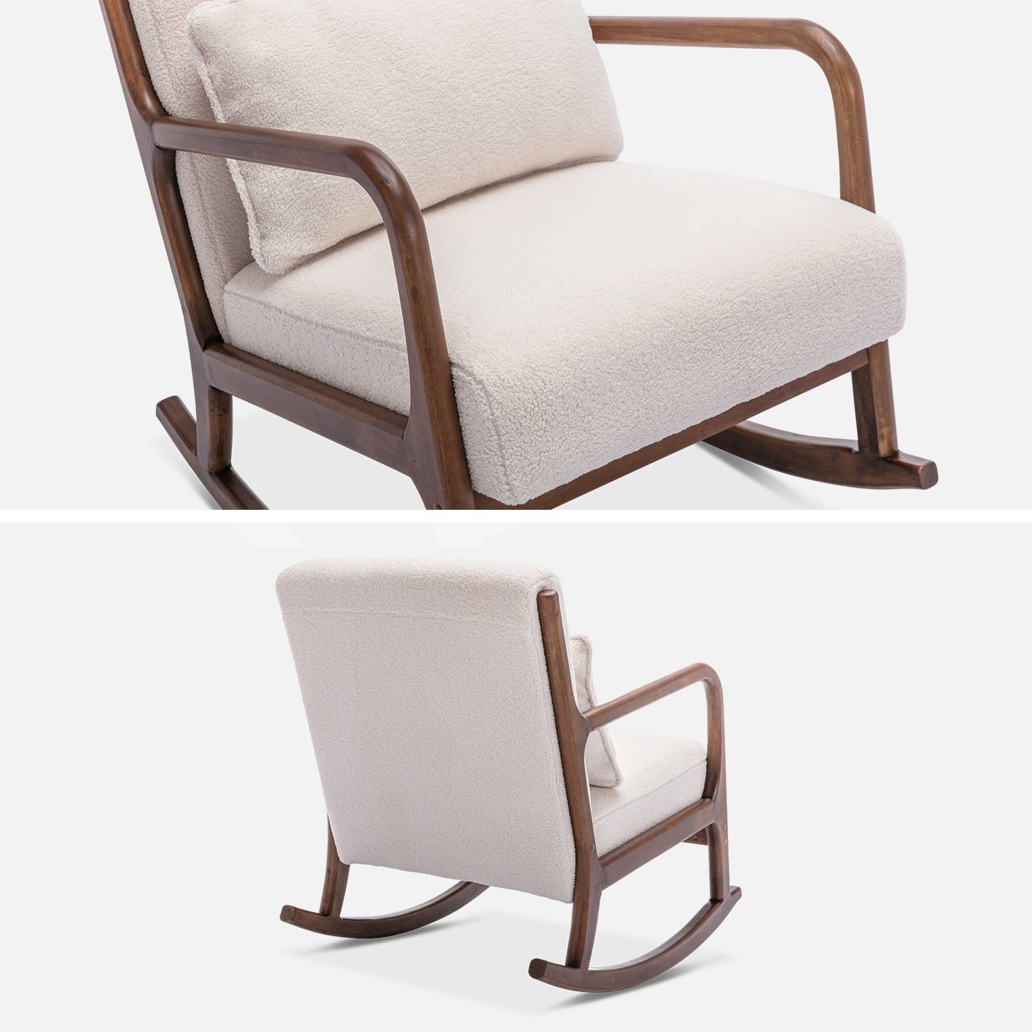 Cadeira de baloiço de design em madeira e tecido, caracóis brancos, estrutura em hevea manchada de nogueira clara Photo6