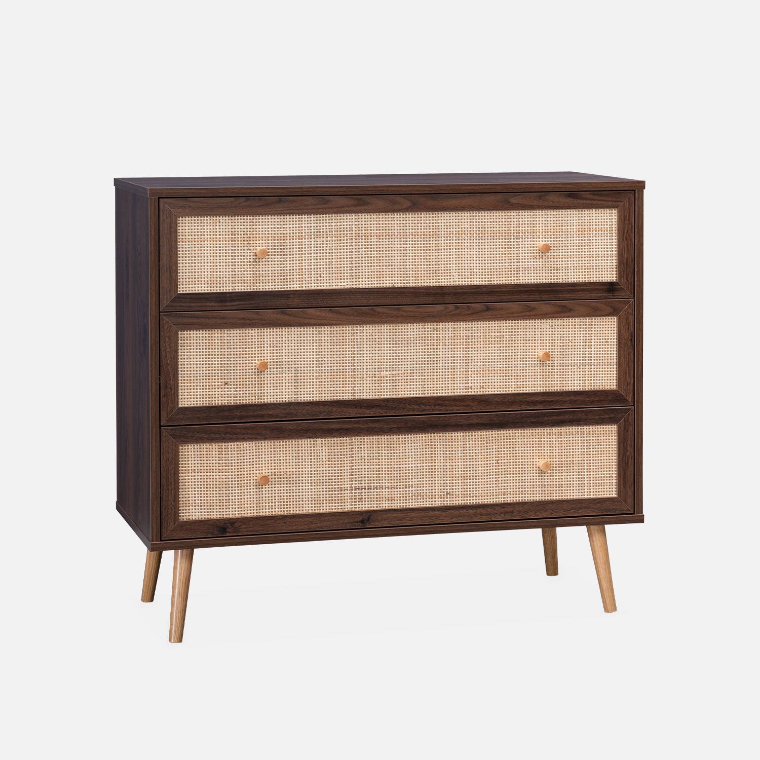 Wood and cane rattan detail 3-drawer chest, 90x39x79cm - Boheme - Dark Wood colour,sweeek,Photo2
