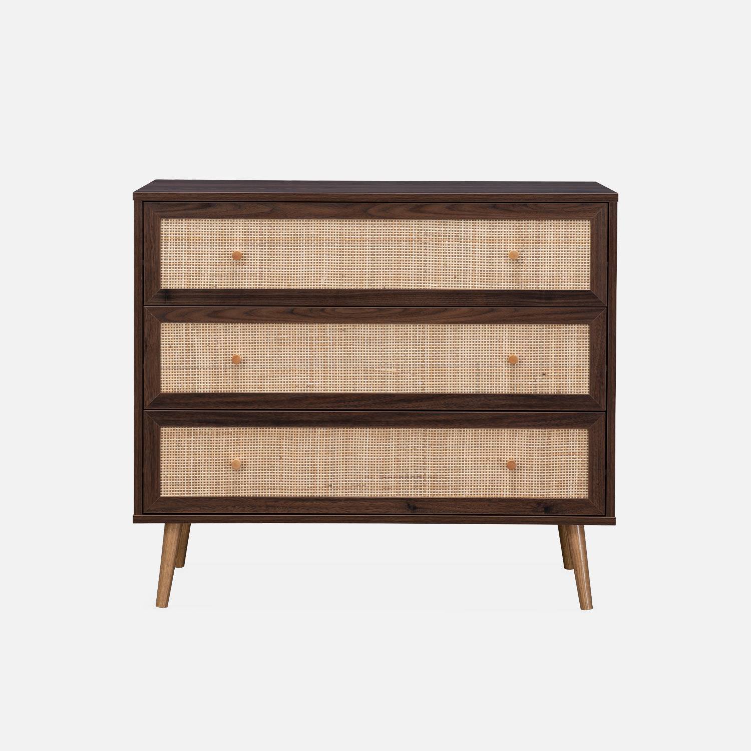 Wood and cane rattan detail 3-drawer chest, 90x39x79cm - Boheme - Dark Wood colour,sweeek,Photo3