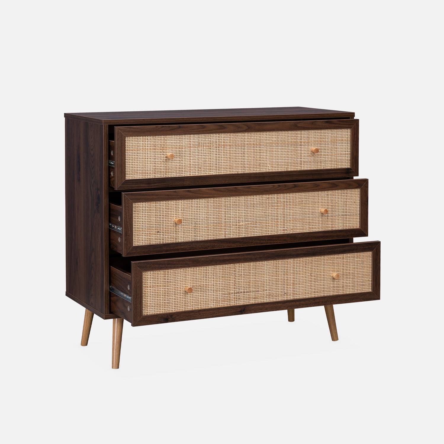 Wood and cane rattan detail 3-drawer chest, 90x39x79cm - Boheme - Dark Wood colour,sweeek,Photo4