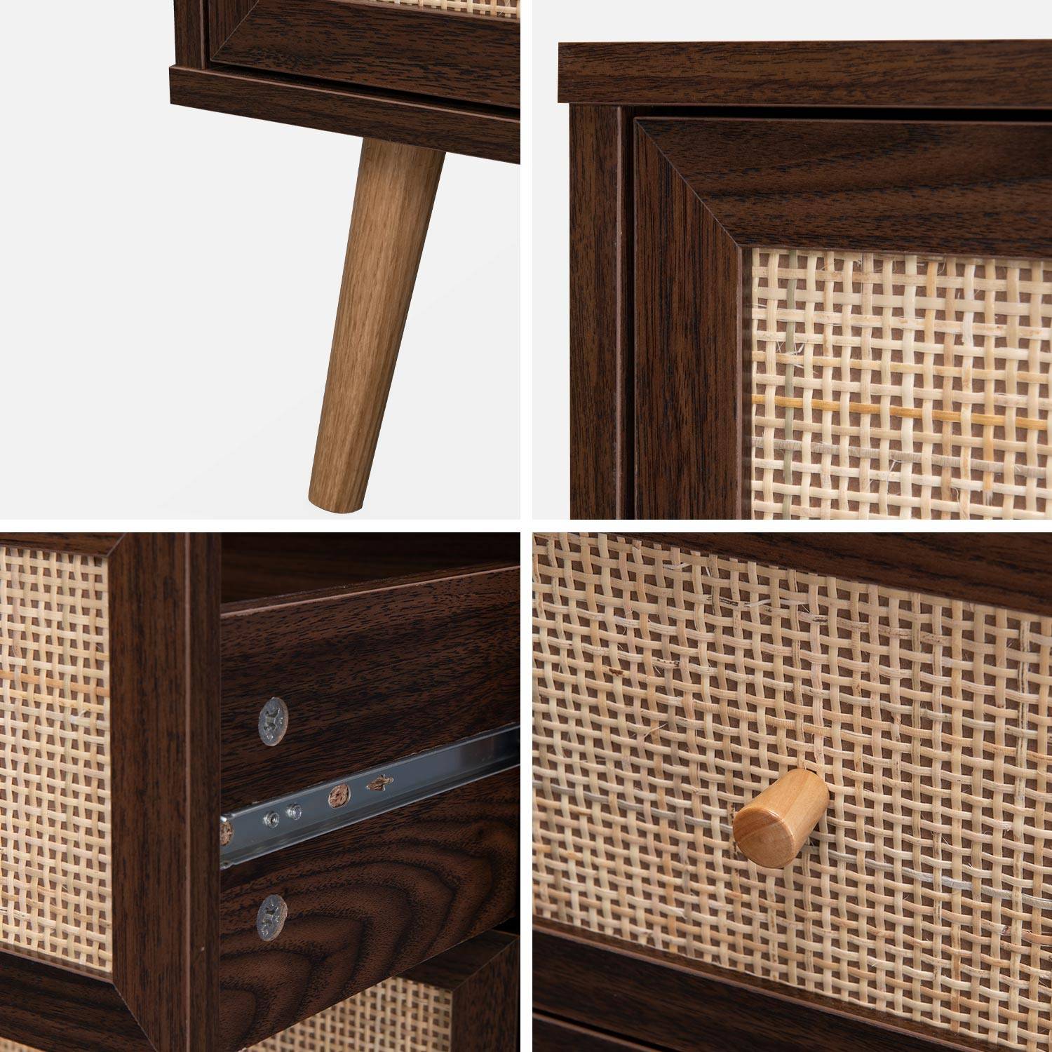Wood and cane rattan detail 3-drawer chest, 90x39x79cm - Boheme - Dark Wood colour,sweeek,Photo5