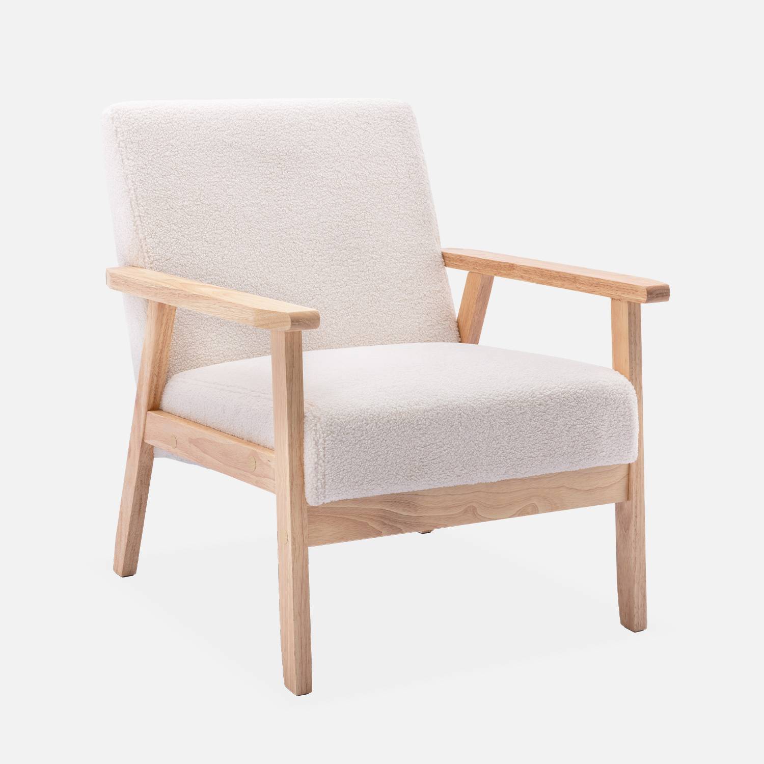 Scandinavische fauteuil van hout en witte boucléstof, B 64 x D 69,5 x H 73cm,sweeek,Photo4