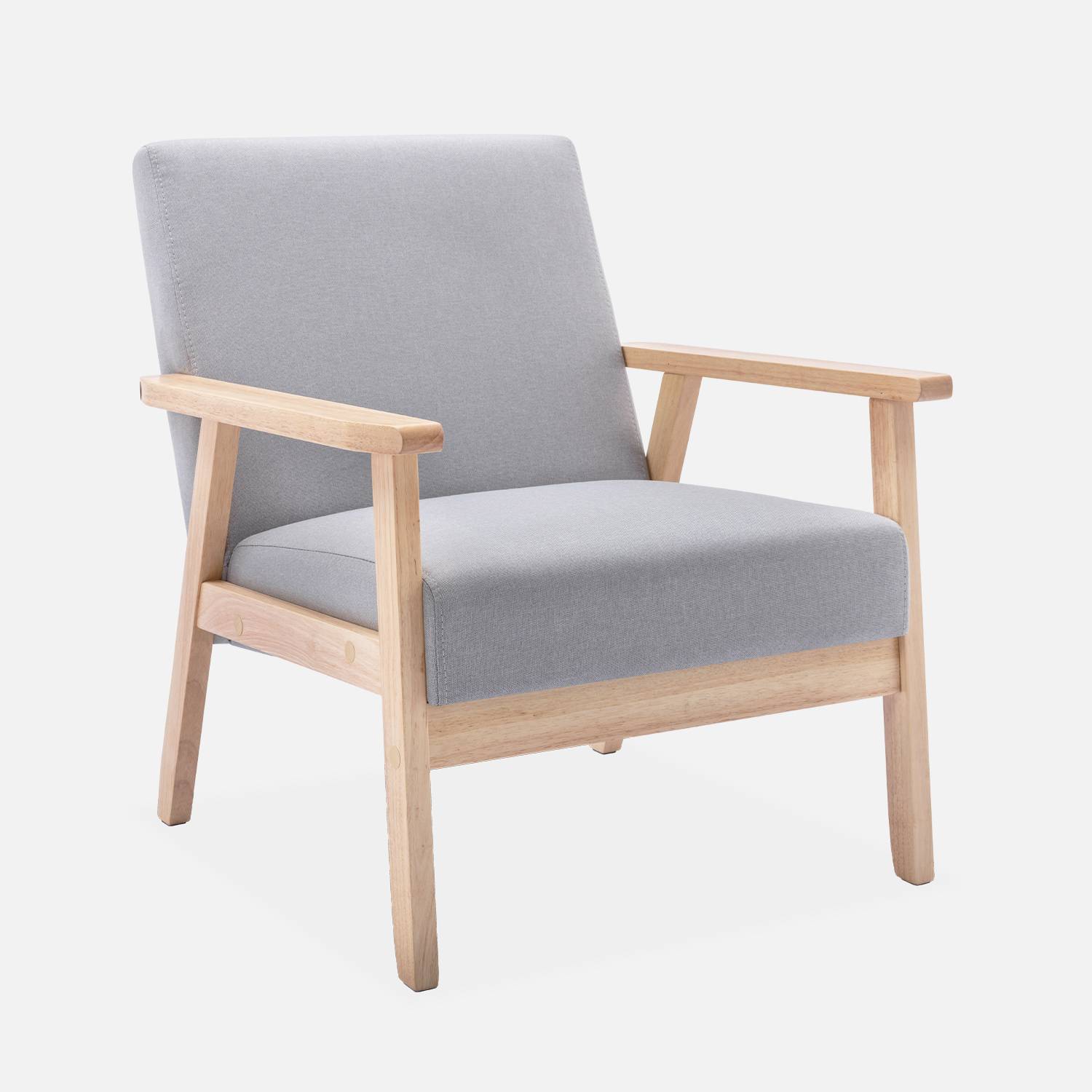 Scandinavische fauteuil van hout en lichtgrijze stof, B 64 x D 69,5 x H 73cm Photo4