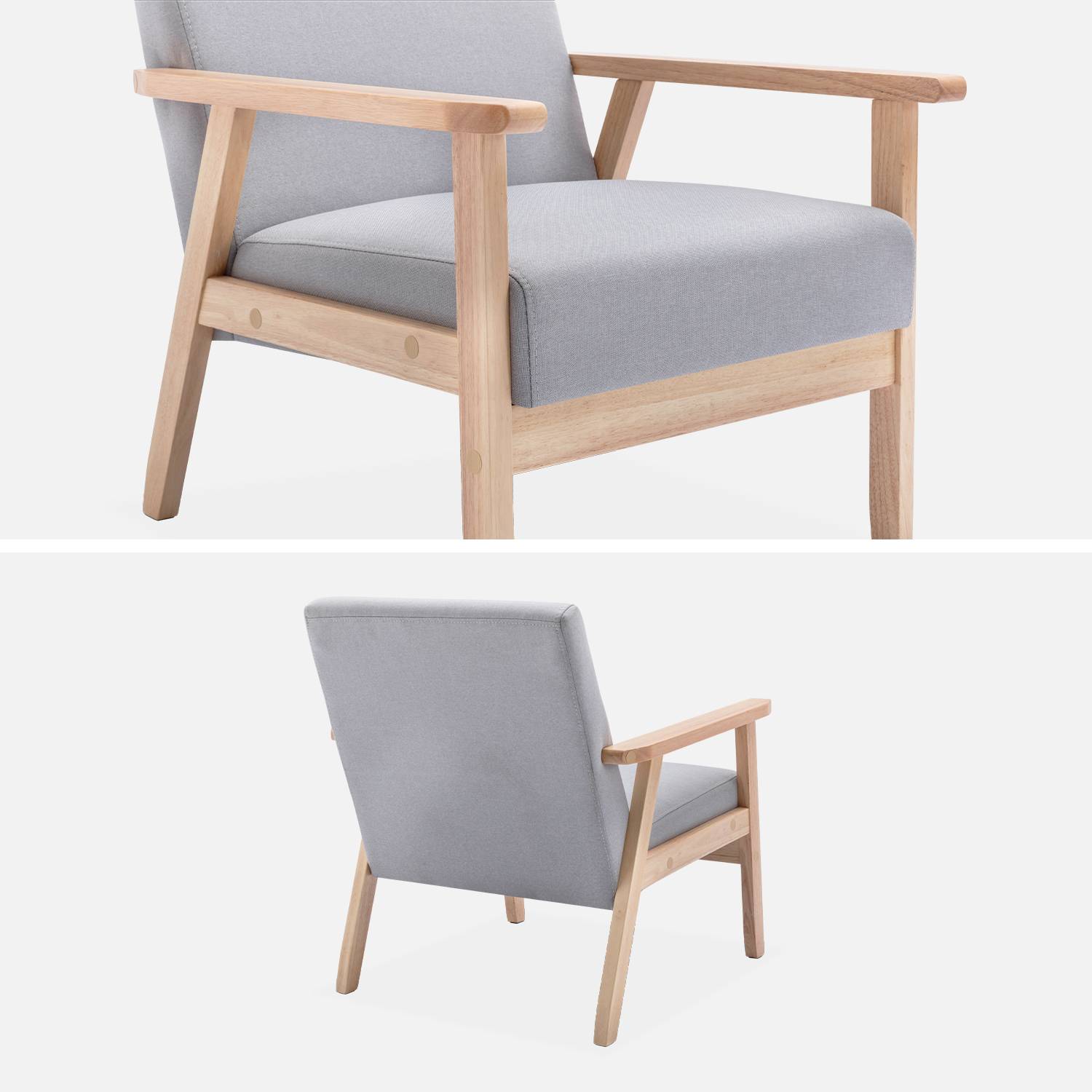 Scandinavische fauteuil van hout en lichtgrijze stof, B 64 x D 69,5 x H 73cm Photo6