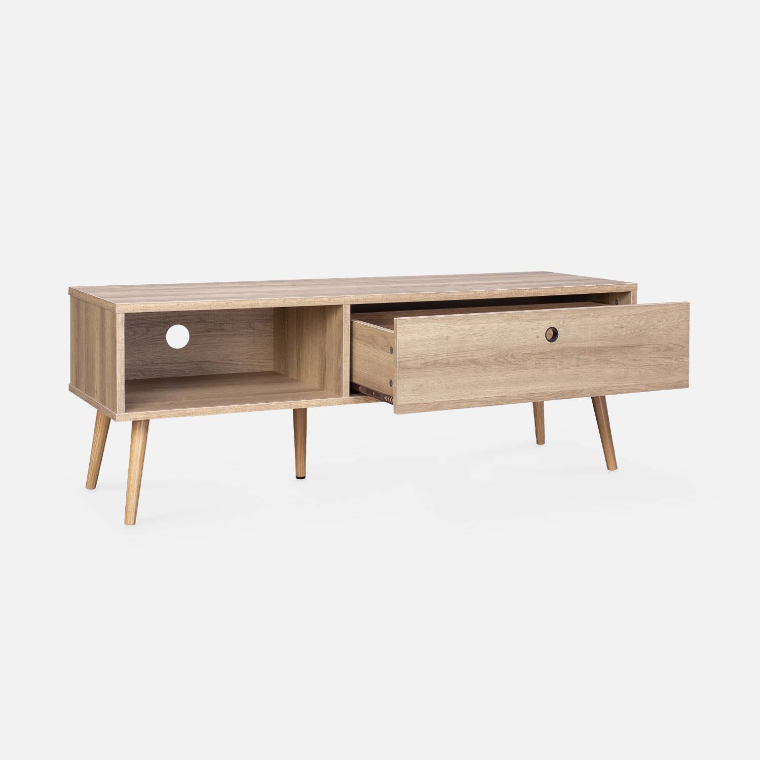 Scandinavian-style wood-effect TV stand with two storage spaces, 120x39x43cm - Scandi - Natural,sweeek,Photo5