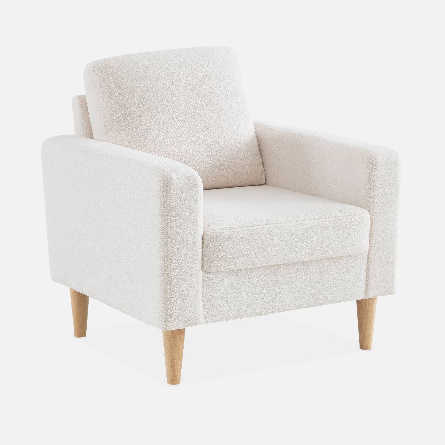 Bouclé Sessel Weiß, skandinavisches Design - Bjorn - 1 Sitzer, Fauteuil gerade mit Holzbeinen Photo3
