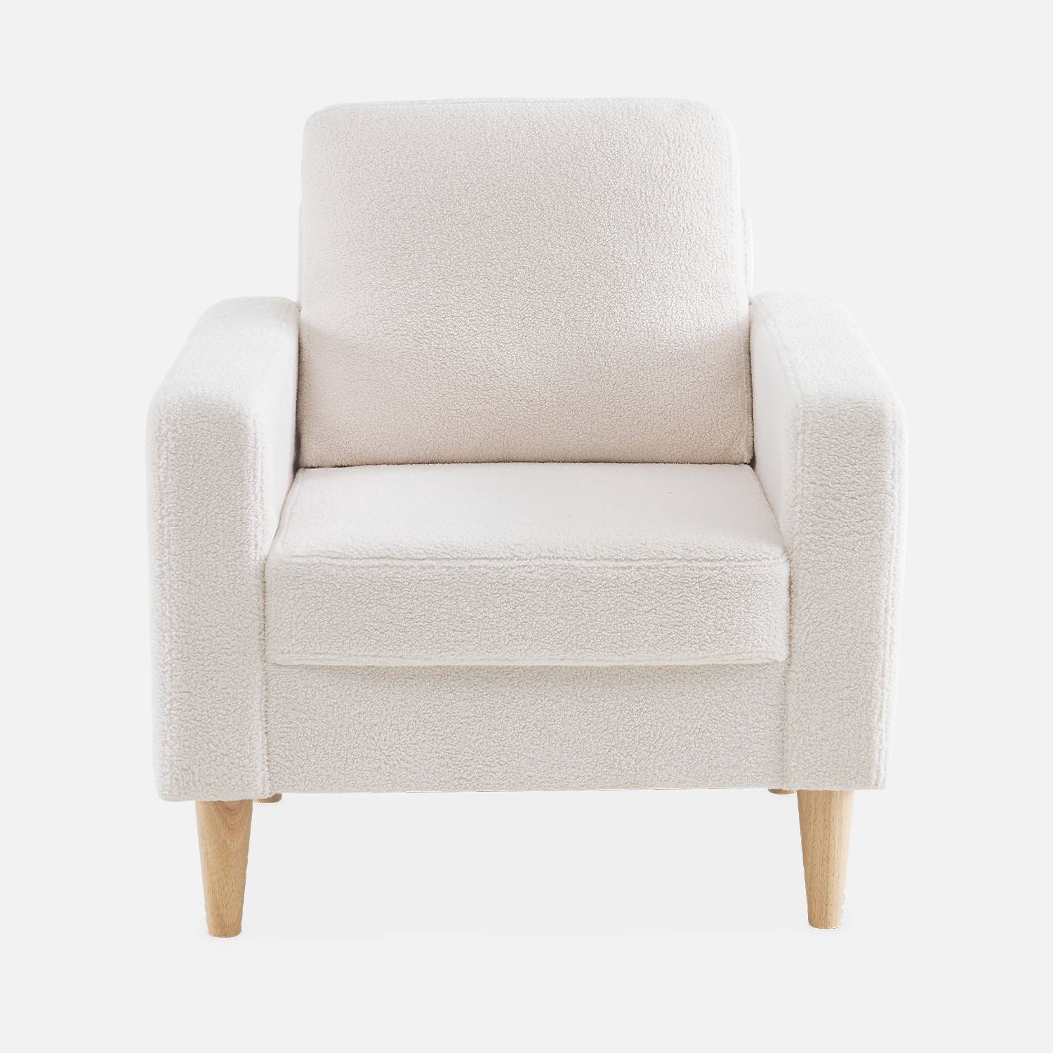 Bouclé Sessel Weiß, skandinavisches Design - Bjorn - 1 Sitzer, Fauteuil gerade mit Holzbeinen Photo5