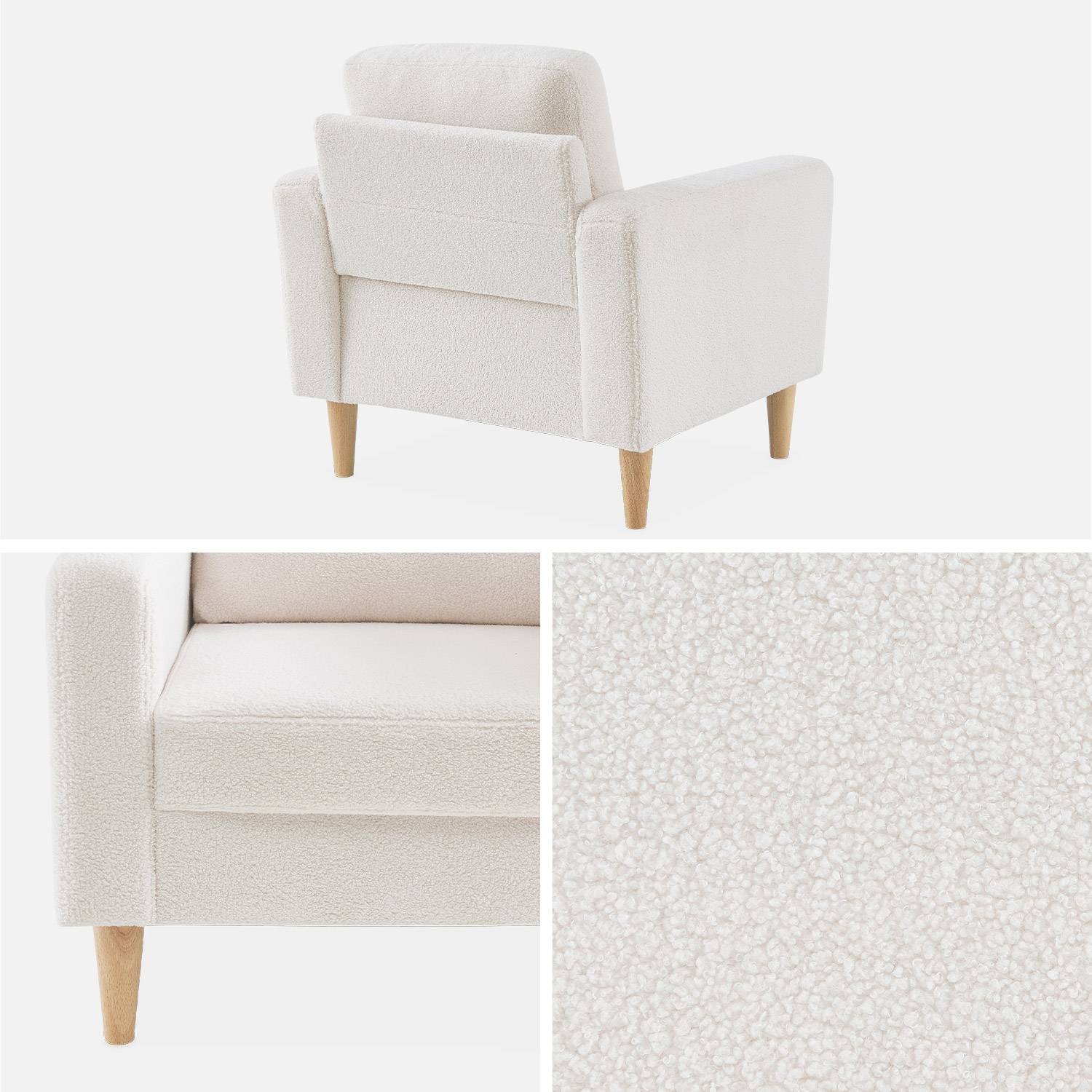 Bouclé Sessel Weiß, skandinavisches Design - Bjorn - 1 Sitzer, Fauteuil gerade mit Holzbeinen Photo4