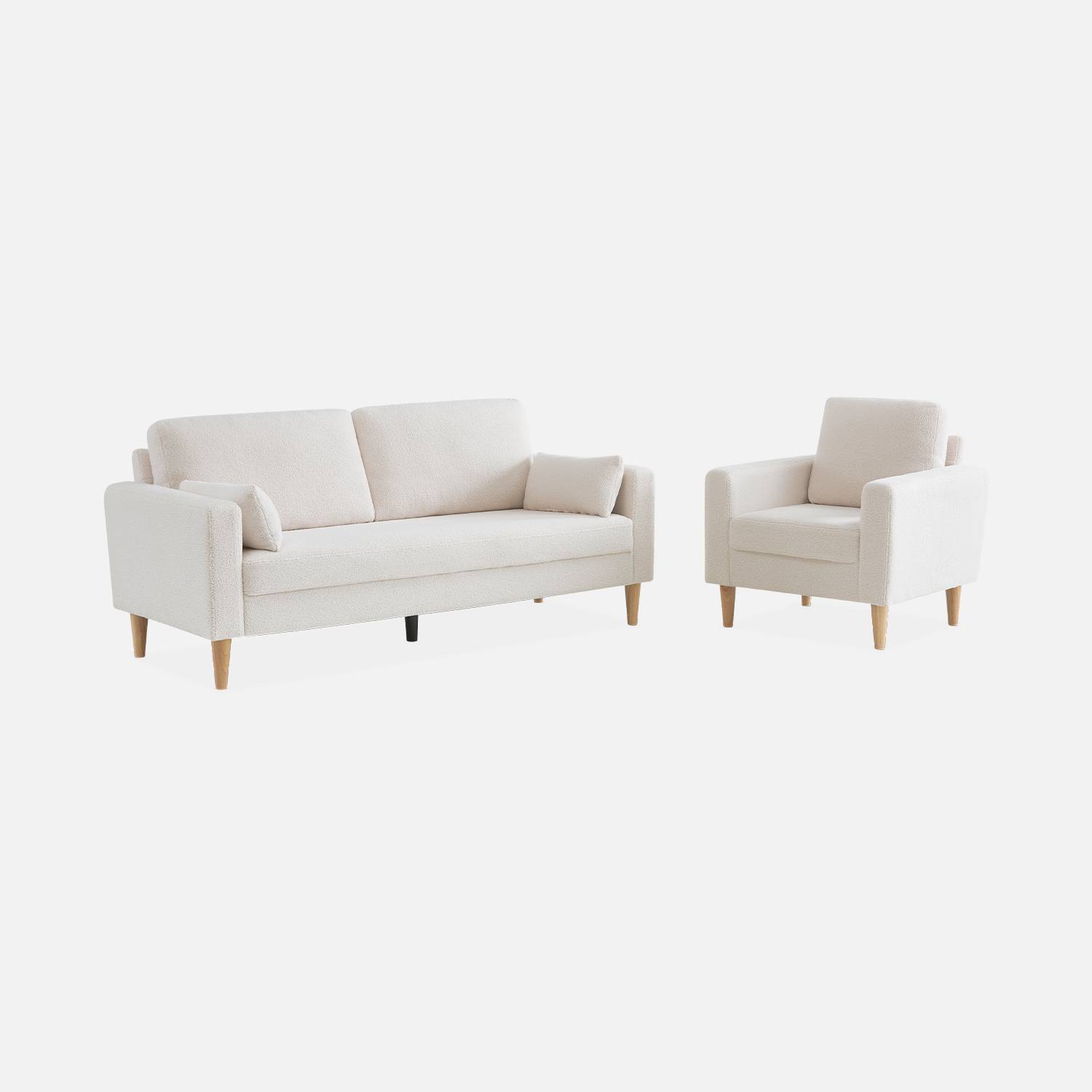 Bouclé Sessel Weiß, skandinavisches Design - Bjorn - 1 Sitzer, Fauteuil gerade mit Holzbeinen Photo6
