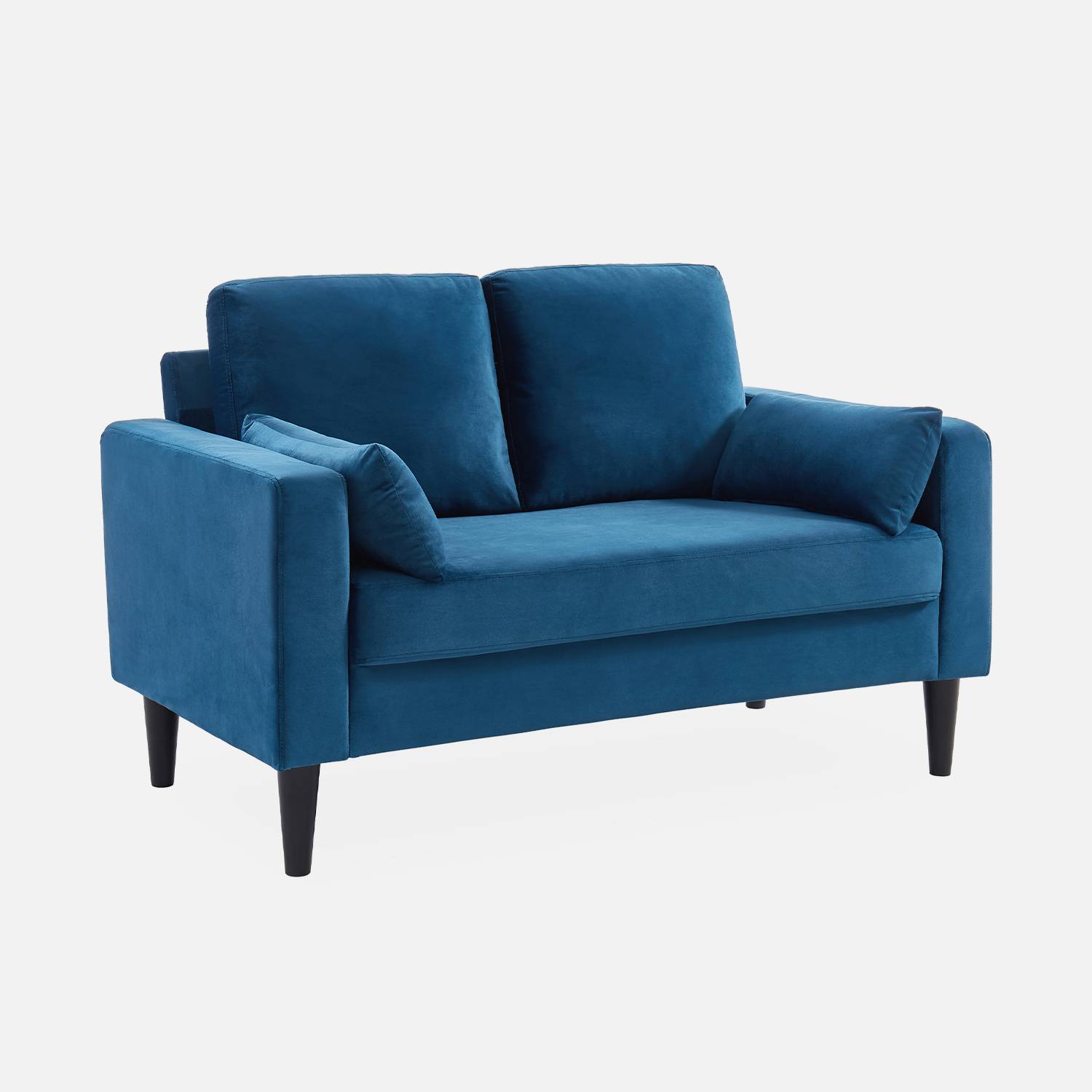 Tweezits sofa van blauw velours- Bjorn - 2-zits bank met houten poten, scandinavische stijl  ,sweeek,Photo3