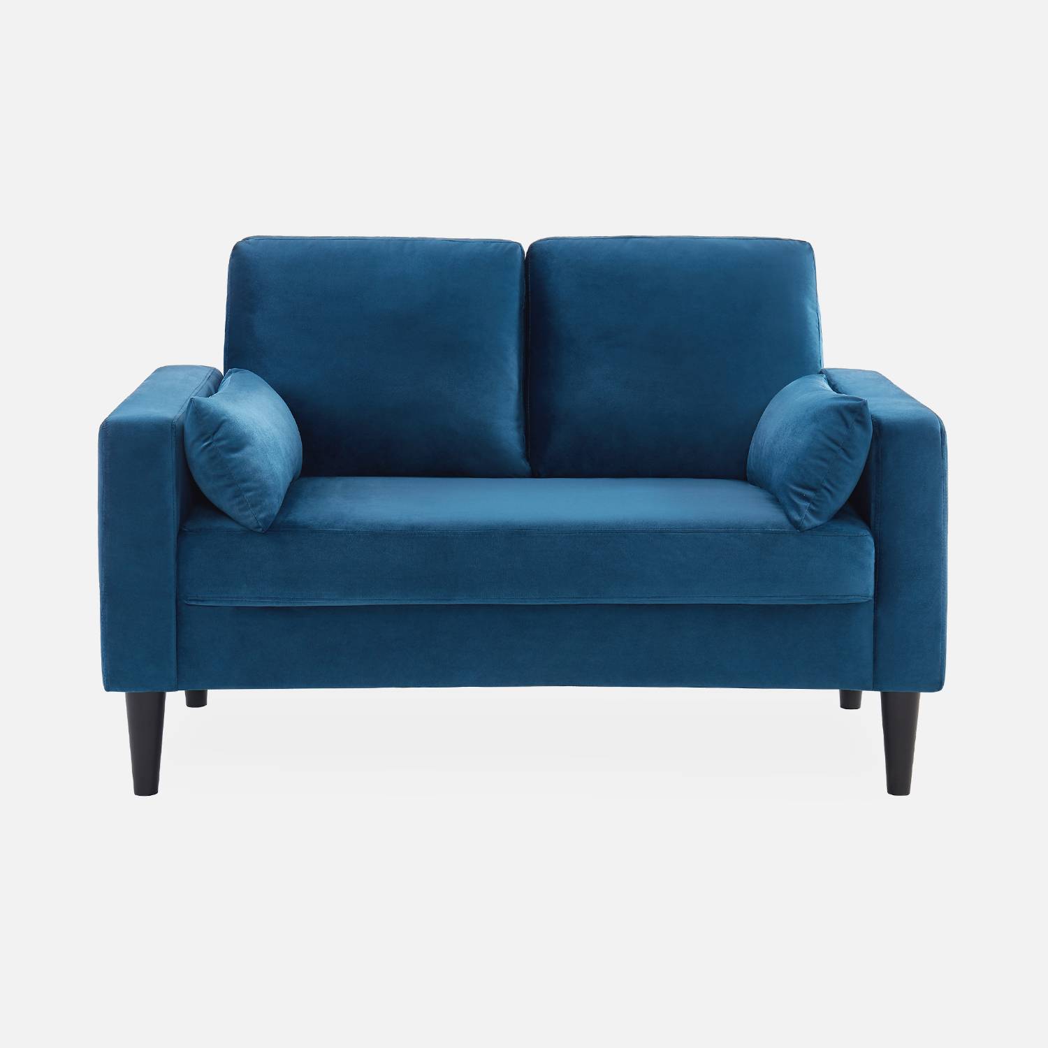 Tweezits sofa van blauw velours- Bjorn - 2-zits bank met houten poten, scandinavische stijl  ,sweeek,Photo4