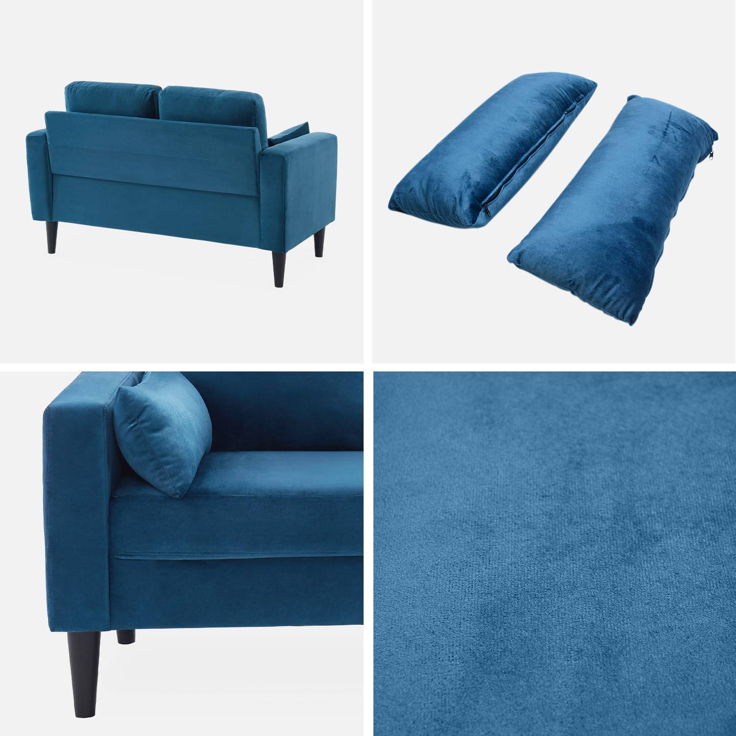 Tweezits sofa van blauw velours- Bjorn - 2-zits bank met houten poten, scandinavische stijl  ,sweeek,Photo5