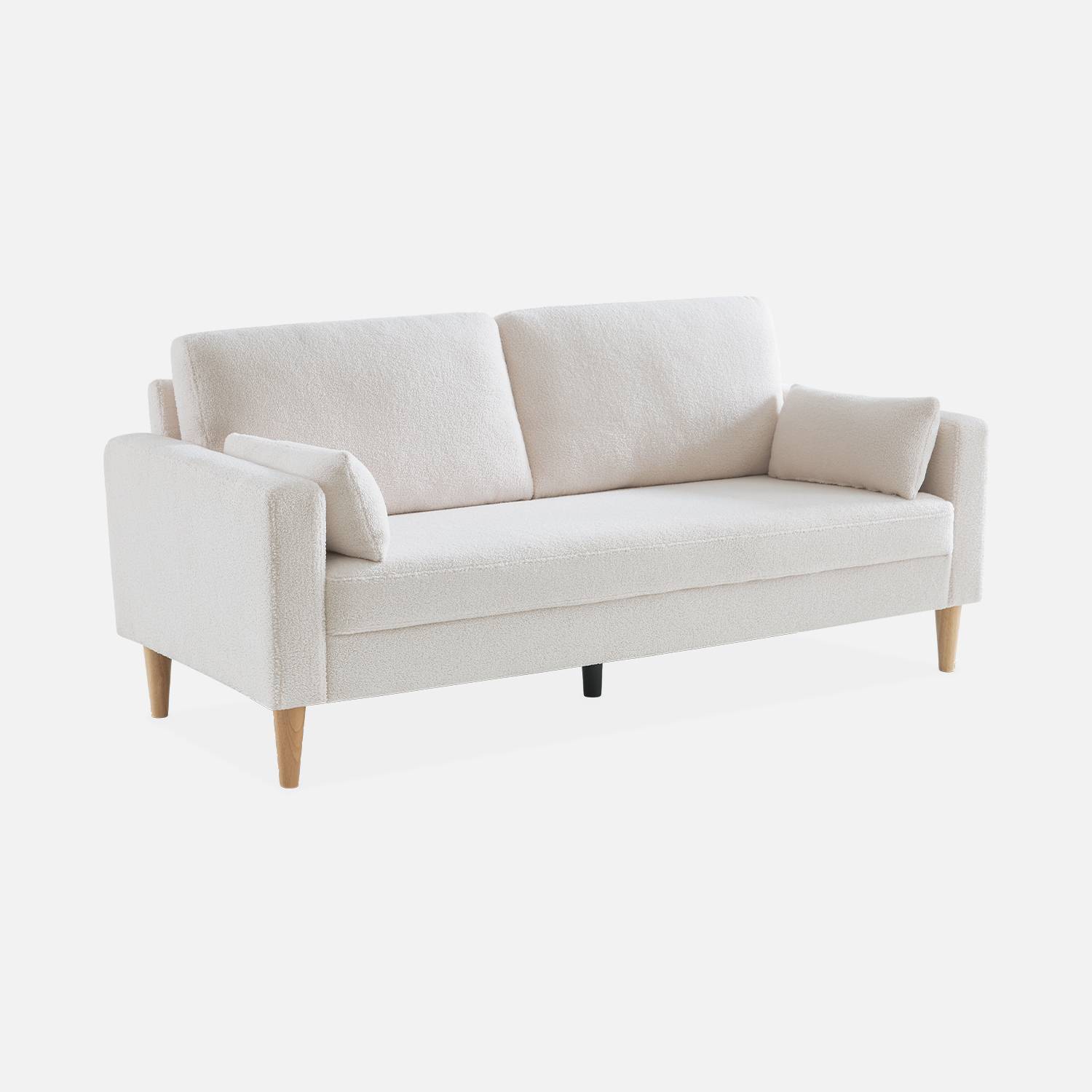 Sofa mit weißem Bouclé Teddystoff - Bjorn - 3-sitziges fixes Sofa mit Holzbeinen, skandinavischer Stil   Photo3