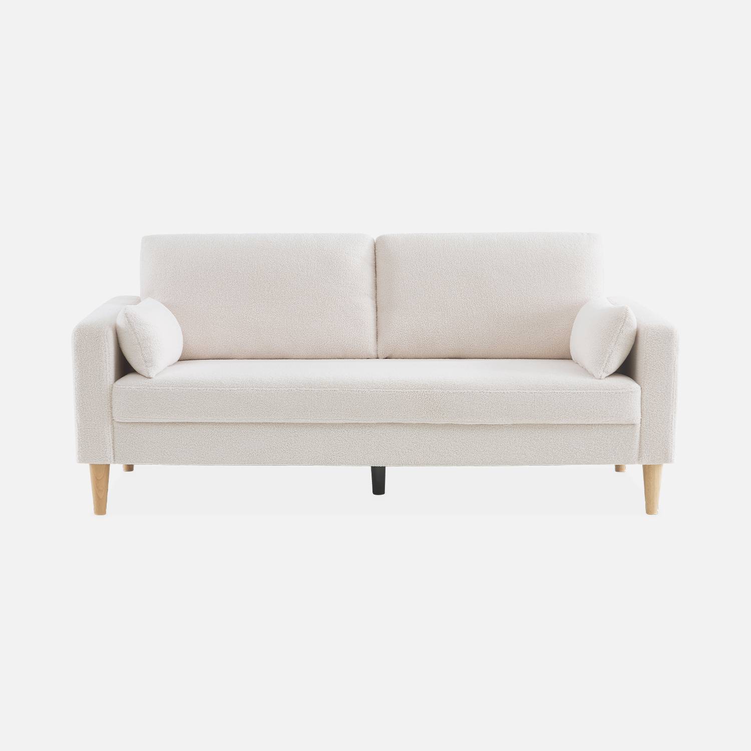 Sofa mit weißem Bouclé Teddystoff - Bjorn - 3-sitziges fixes Sofa mit Holzbeinen, skandinavischer Stil   Photo6