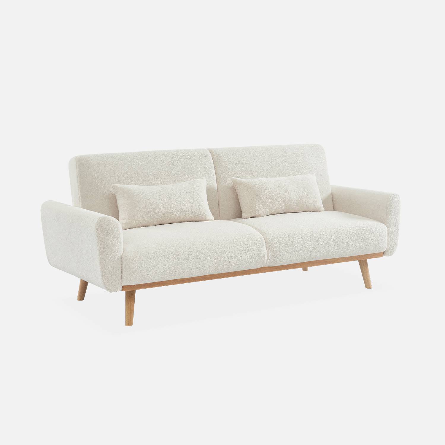 Sofa mit Bouclé Teddystoff mit Schlaffunktion - Bjorn - 2 - 3-sitziges fixes Sofa mit Holzbeinen, skandinavischer Stil Photo4