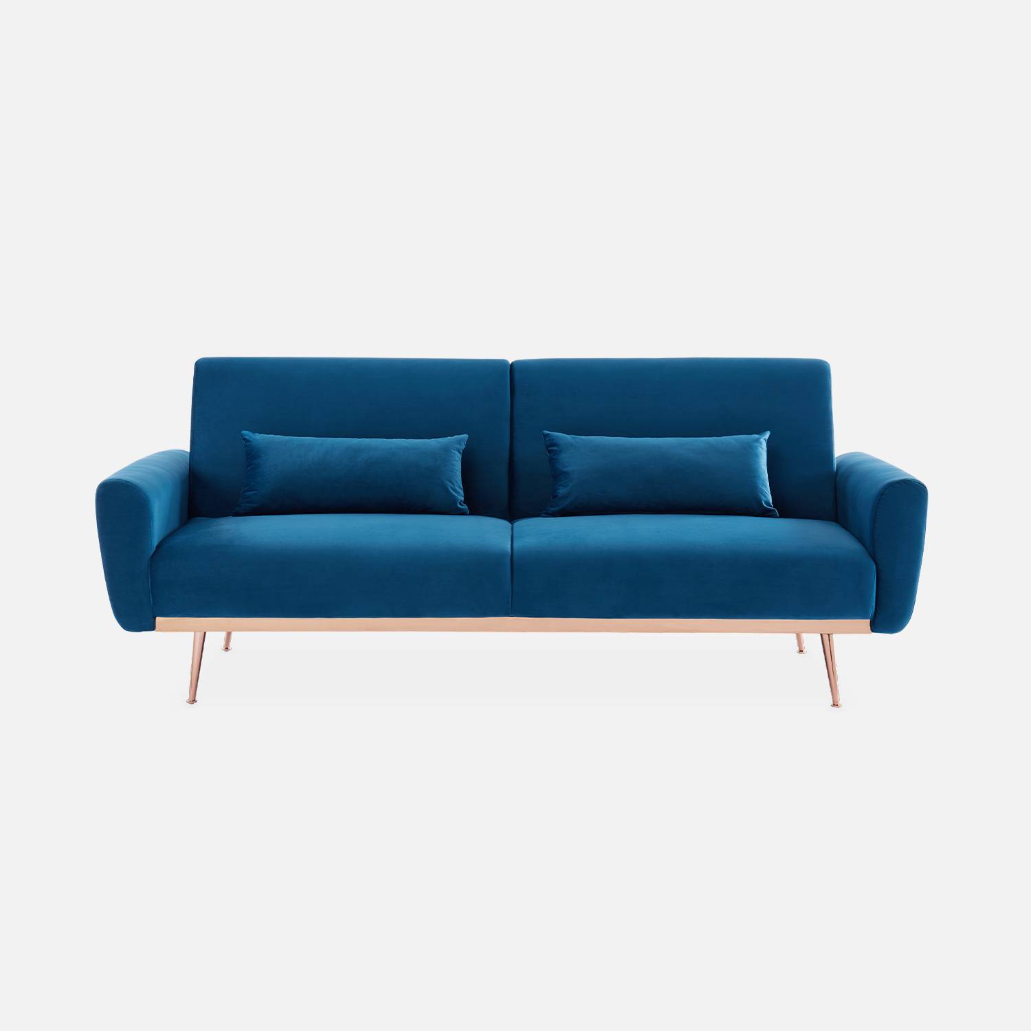 Design Sofa ausziehbar aus Samt - Oskar - 2 - 3 Sitzer skandinavischischer Stil mit dünnen roségoldenen Beinen Photo4
