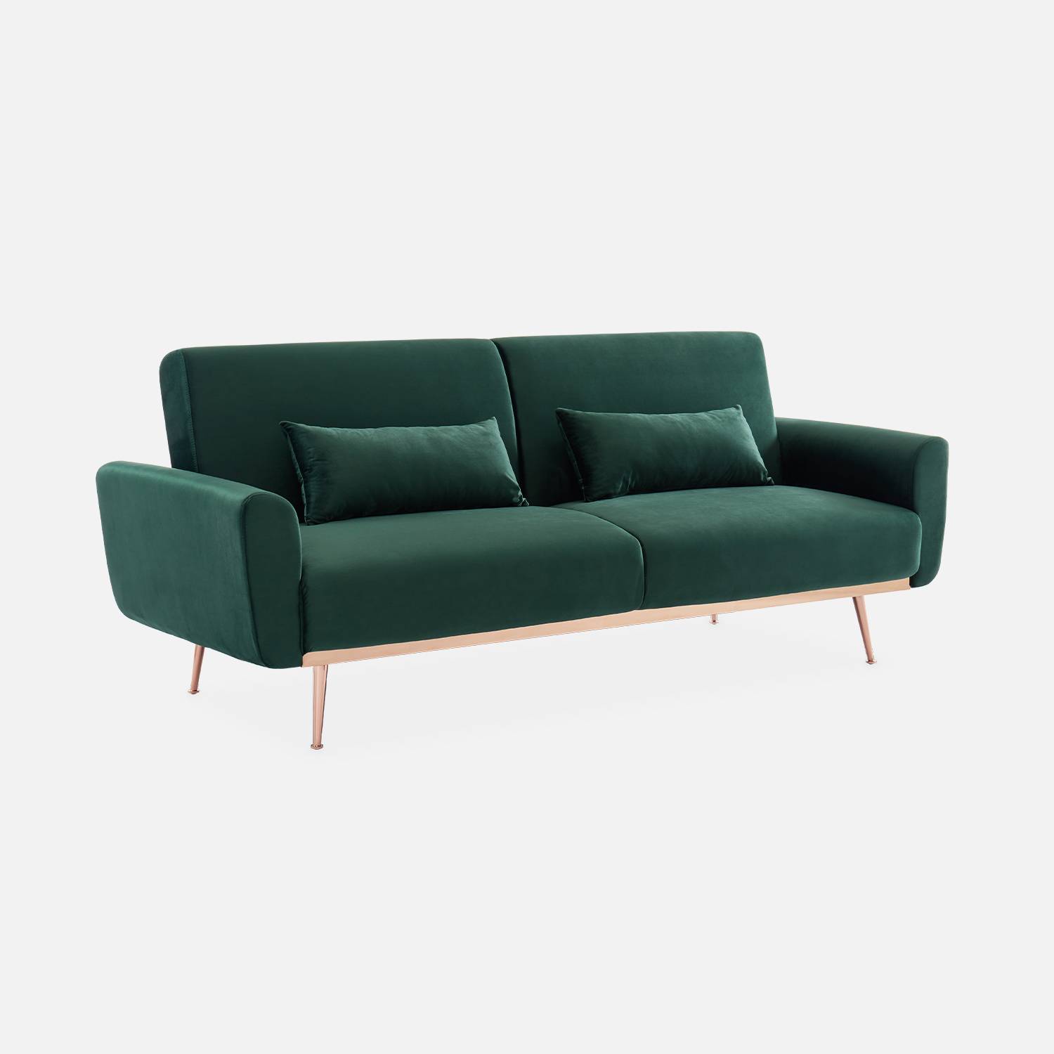 Design Sofa ausziehbar aus englisch-grünem Samt - Oskar - 2-3 sitzig skandinavischischer Stil mit dünnenroségoldenen Beinen | sweeek
