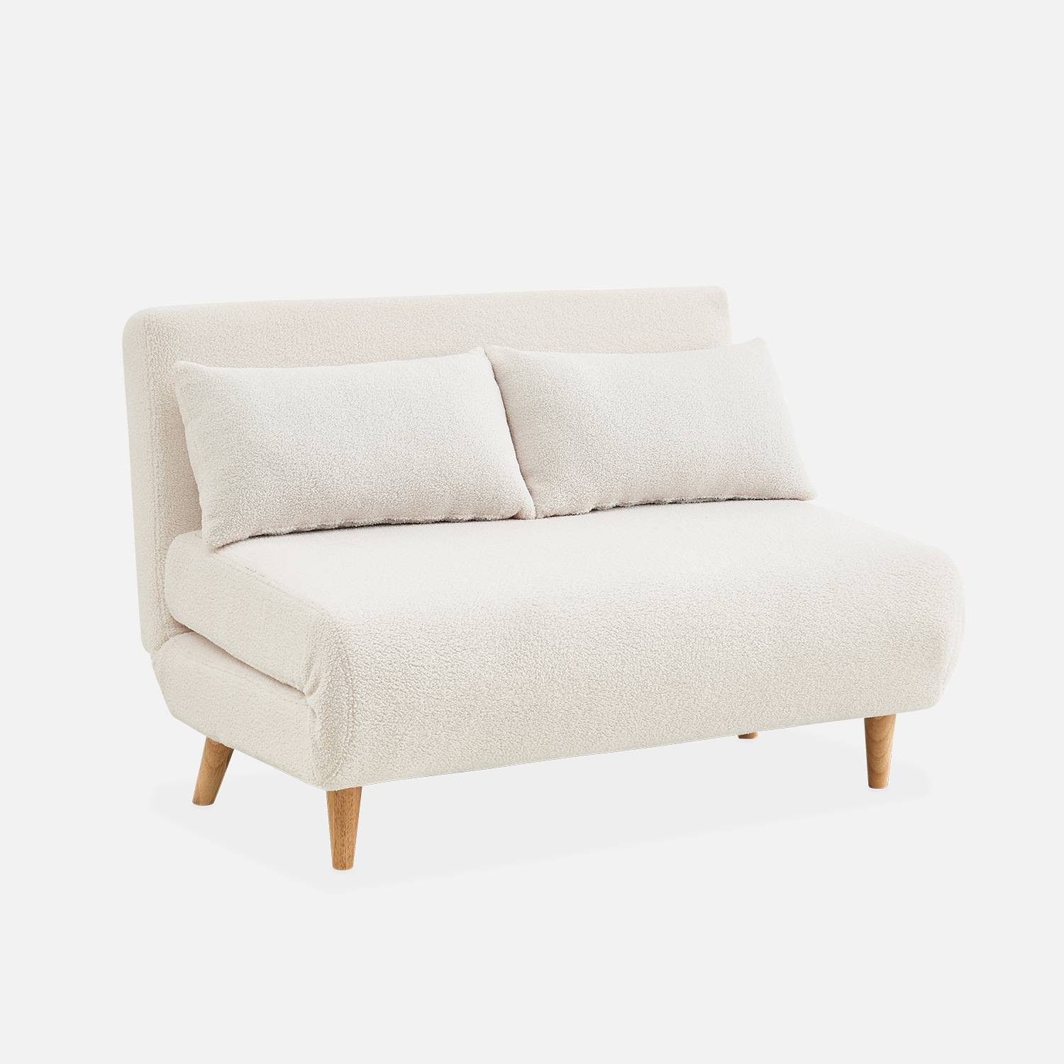 Sofá cama de tejido rizado blanco - Guesta - Sofá escandinavo de 2 plazas, patas de madera oscura, asiento corrido, respaldo reclinable,sweeek,Photo3