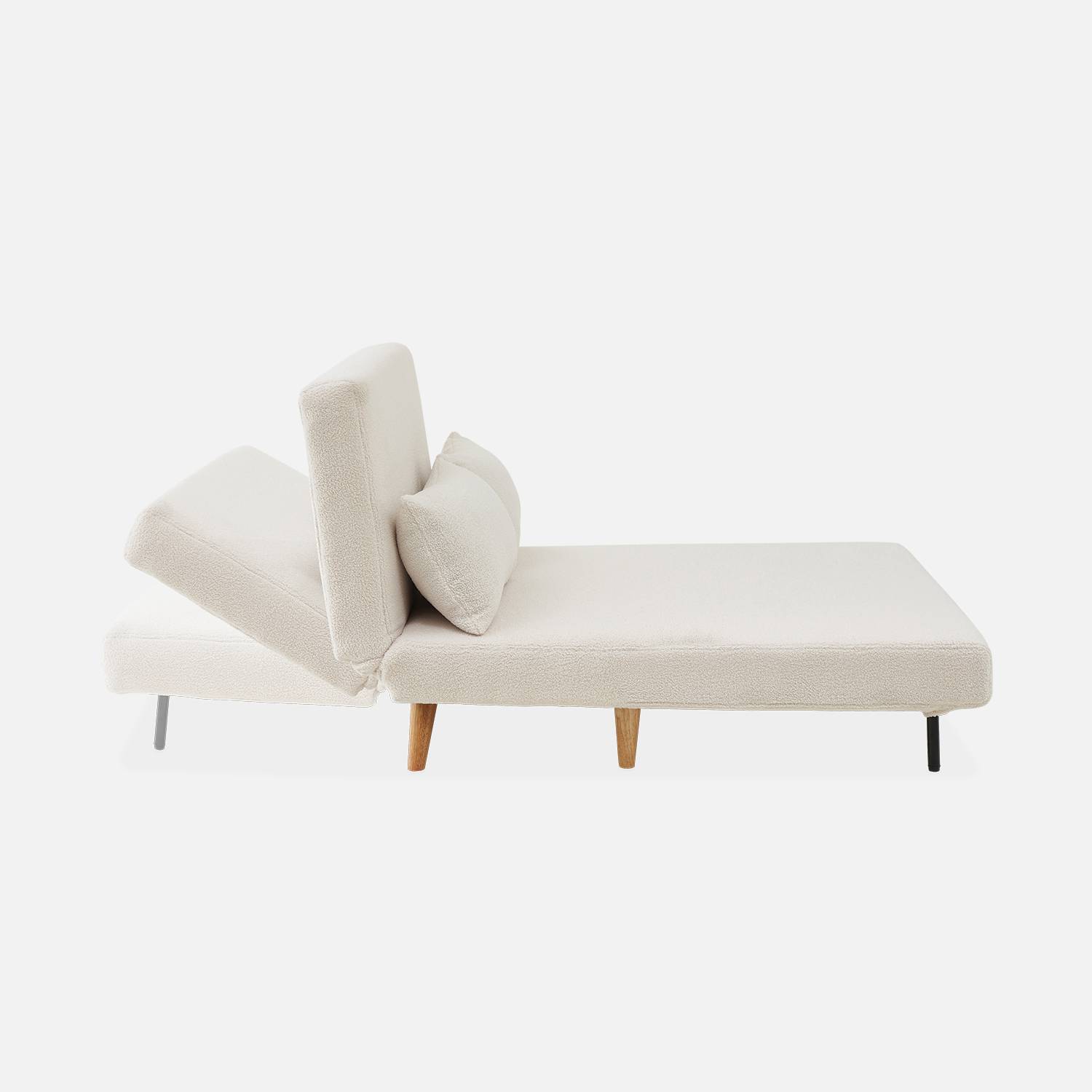 Sofá cama de tejido rizado blanco - Guesta - Sofá escandinavo de 2 plazas, patas de madera oscura, asiento corrido, respaldo reclinable,sweeek,Photo5