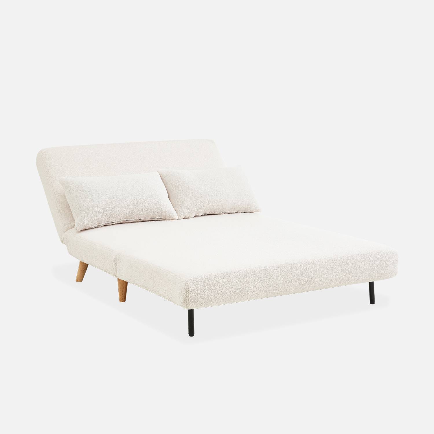 Sofá cama de tejido rizado blanco - Guesta - Sofá escandinavo de 2 plazas, patas de madera oscura, asiento corrido, respaldo reclinable Photo6