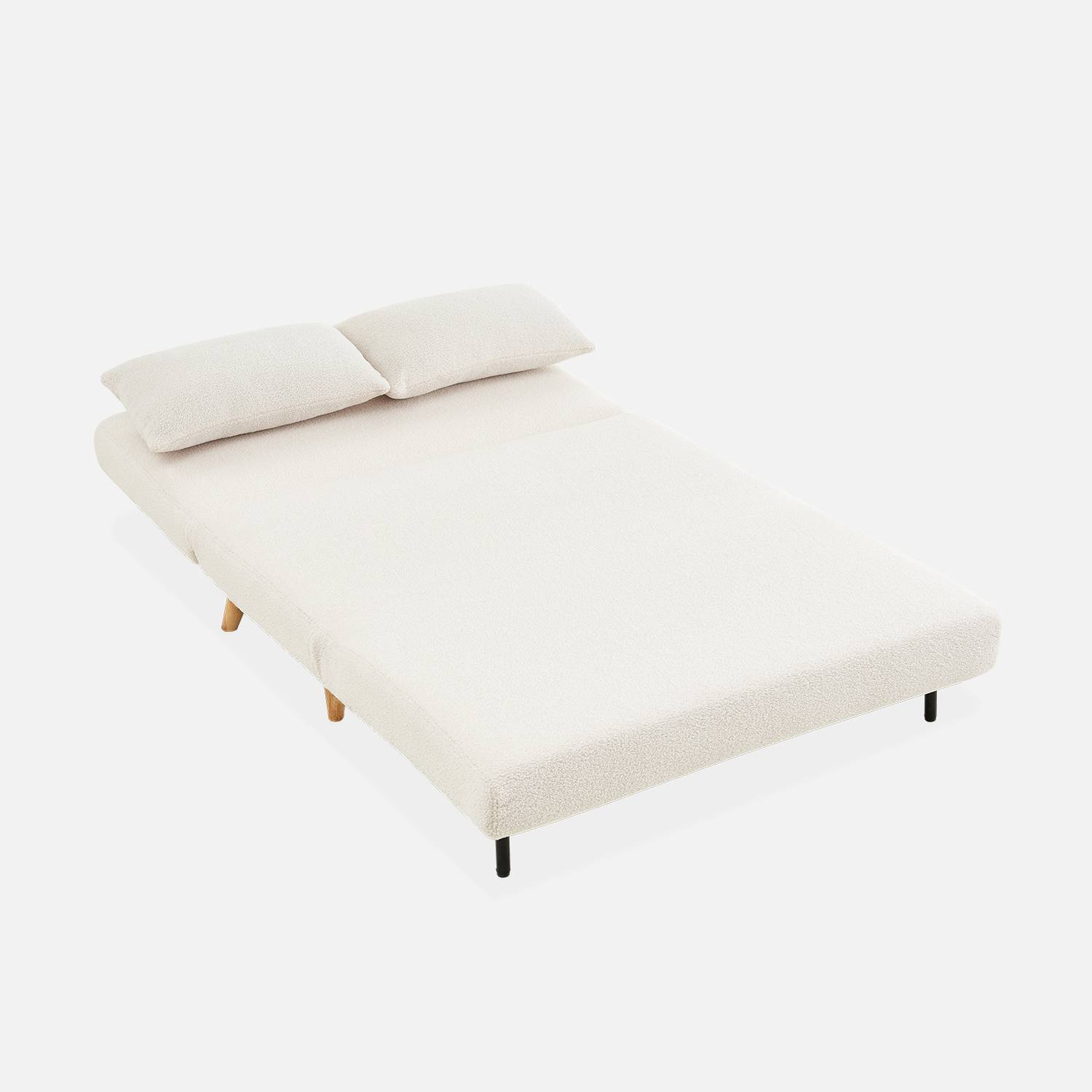 Sofá cama de tejido rizado blanco - Guesta - Sofá escandinavo de 2 plazas, patas de madera oscura, asiento corrido, respaldo reclinable,sweeek,Photo7