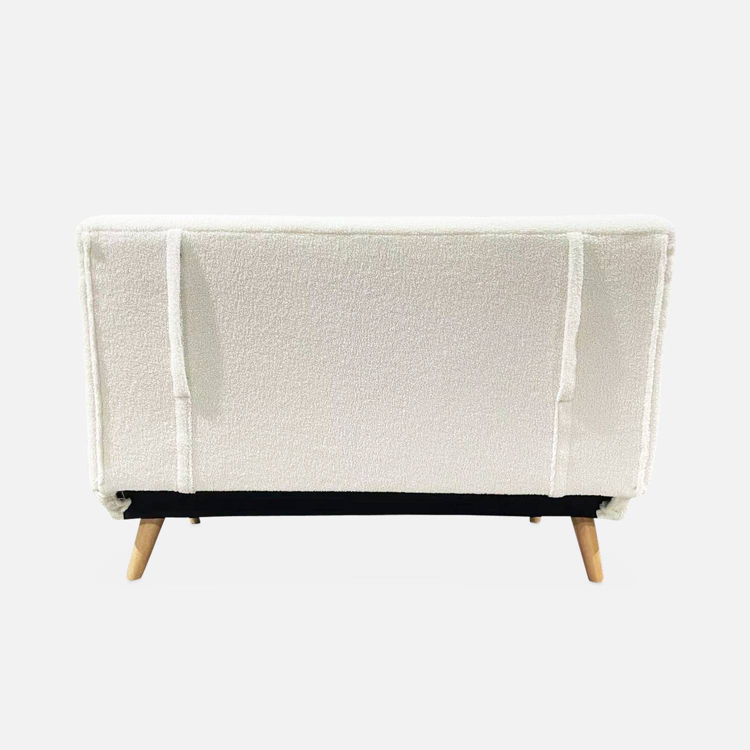 Sofá cama de tejido rizado blanco - Guesta - Sofá escandinavo de 2 plazas, patas de madera oscura, asiento corrido, respaldo reclinable,sweeek,Photo8