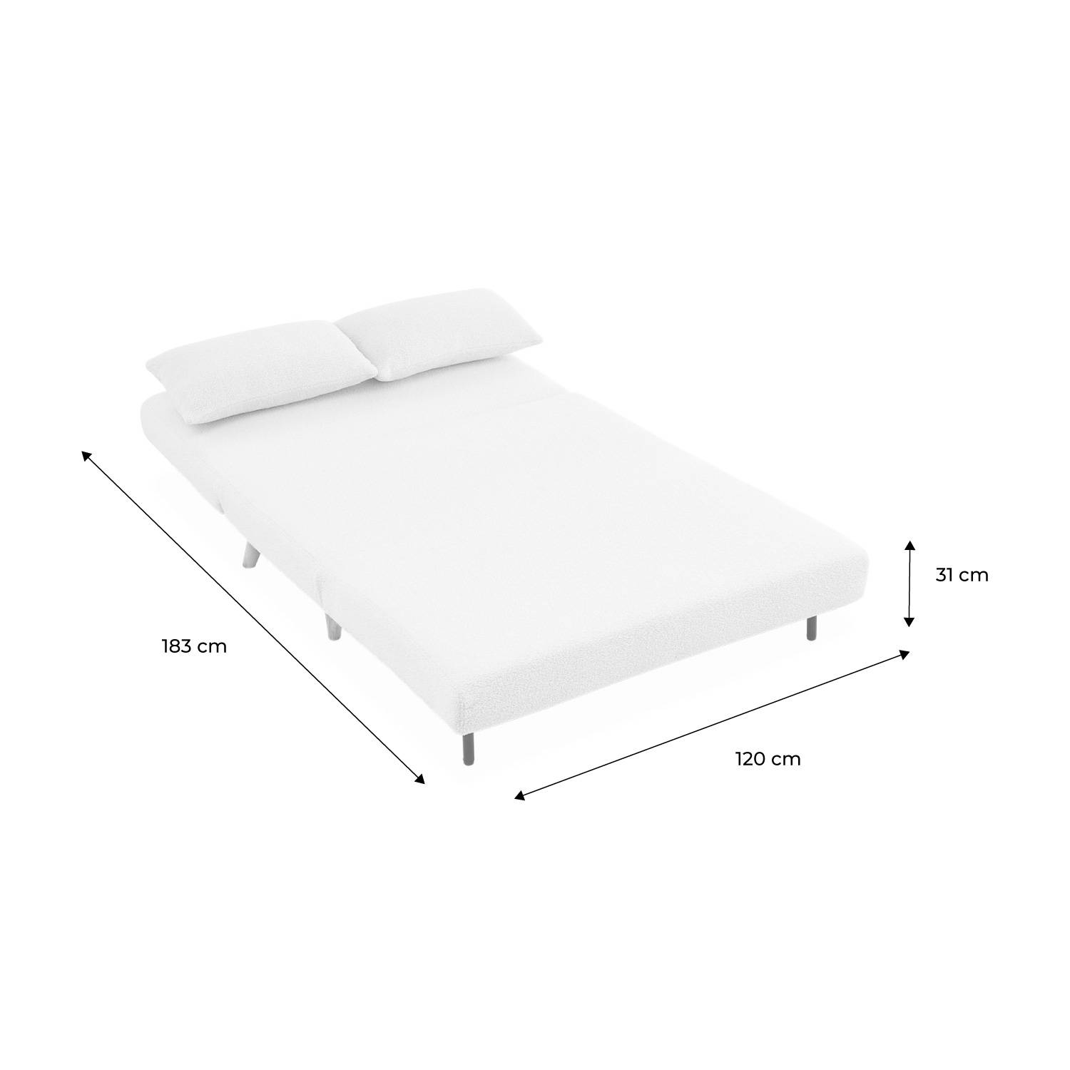Sofá cama de tejido rizado blanco - Guesta - Sofá escandinavo de 2 plazas, patas de madera oscura, asiento corrido, respaldo reclinable,sweeek,Photo10