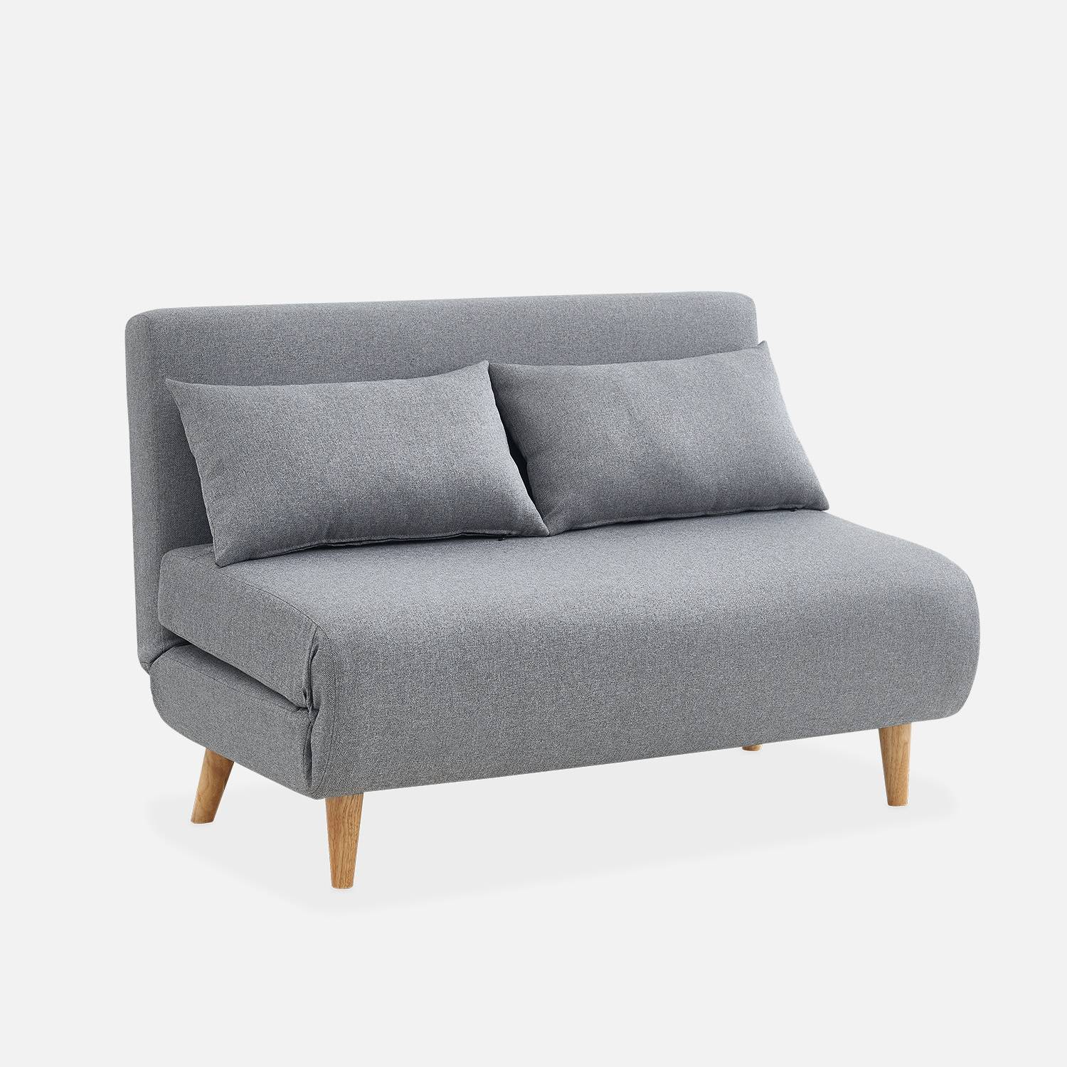 Canapé convertible en tissu - Guesta - 2 places scandinave, pieds bois foncé, gris clair, banquette, dossier inclinable,sweeek,Photo7