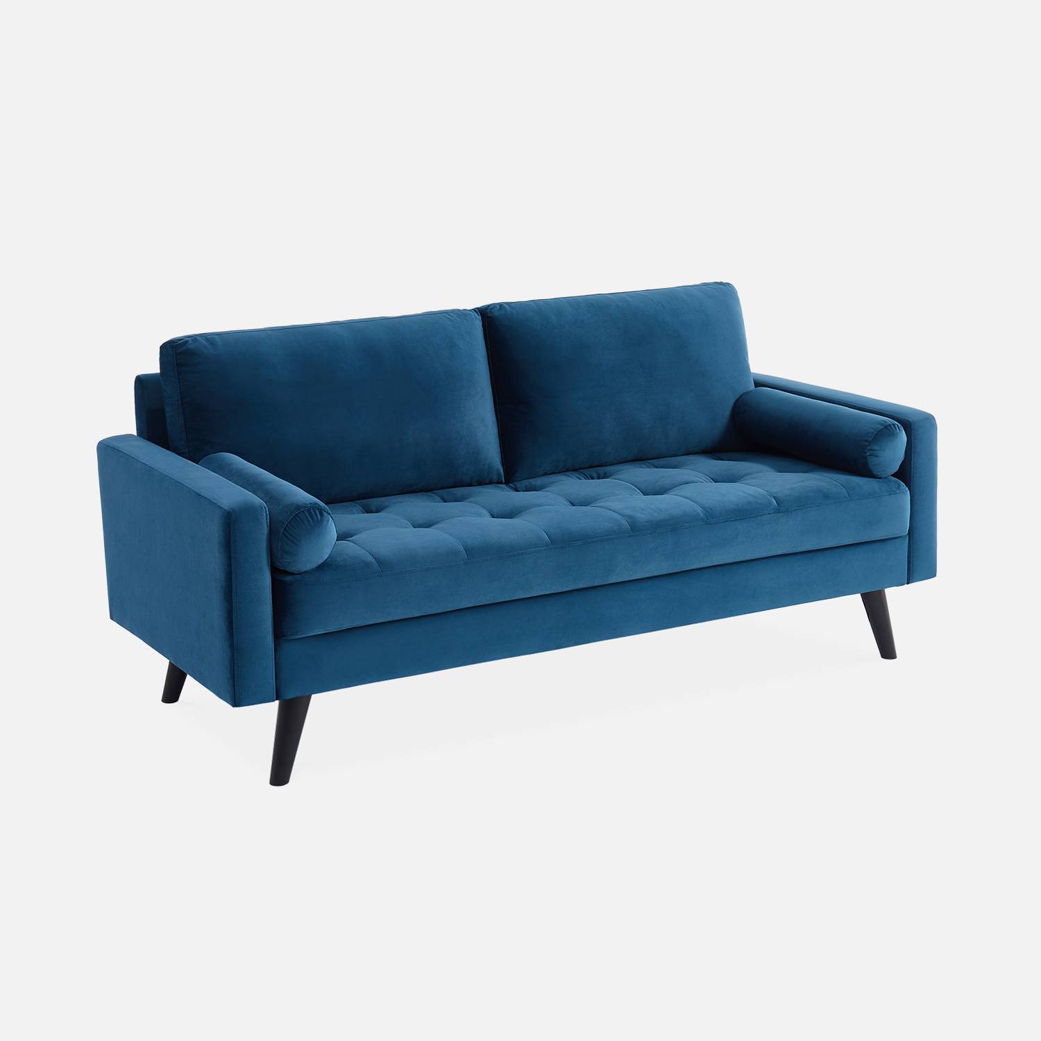 sofá de 3 lugares sentados em veludo azul petróleo, sofá escandinavo direito, pernas de madeira  | sweeek