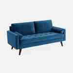 3-sitziges skandinavisches Sofa aus petrolblauem Samt, schwarze Holzbeine Photo4