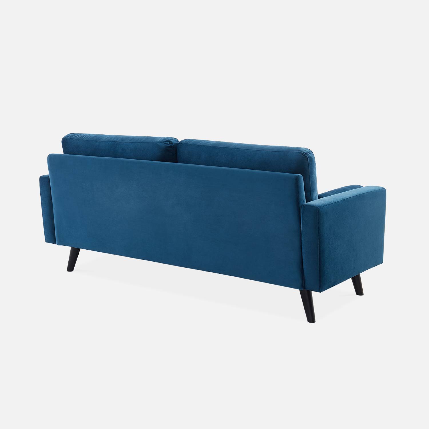 3-sitziges skandinavisches Sofa aus petrolblauem Samt, schwarze Holzbeine Photo8