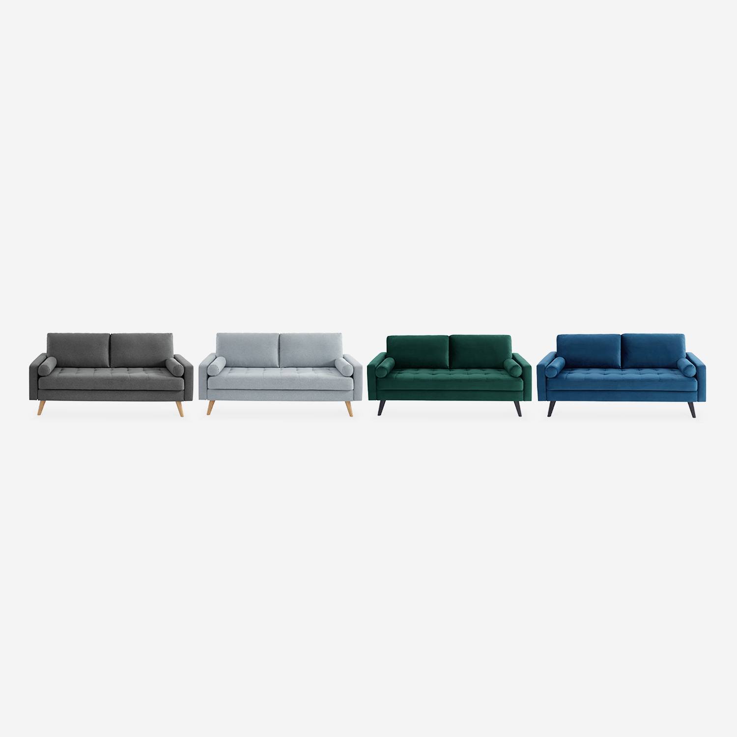 3-sitziges skandinavisches Sofa aus petrolblauem Samt, schwarze Holzbeine Photo7