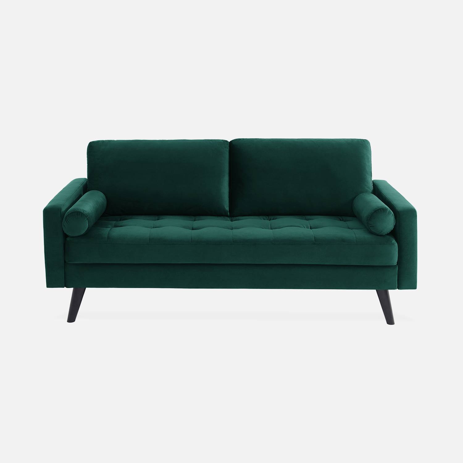 3-sitziges skandinavisches Sofa aus englischem grünem Samt, schwarze Holzbeine Photo3
