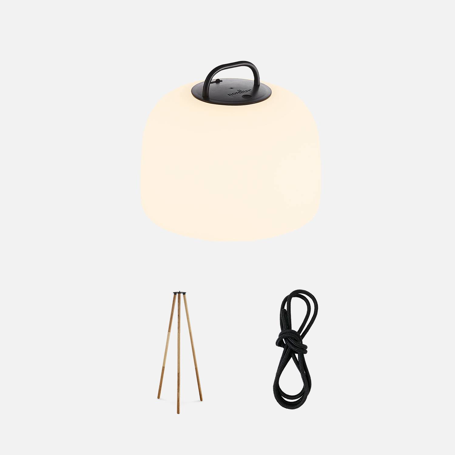 LED-Innenlampe 3 in 1 - TRIPADA XL - Lampe aus Kunststoff mit Füßen aus Hevea-Holz, Ø36cm aufladbar, zum Aufhängen, mit Stativ 1m und Seil Photo2