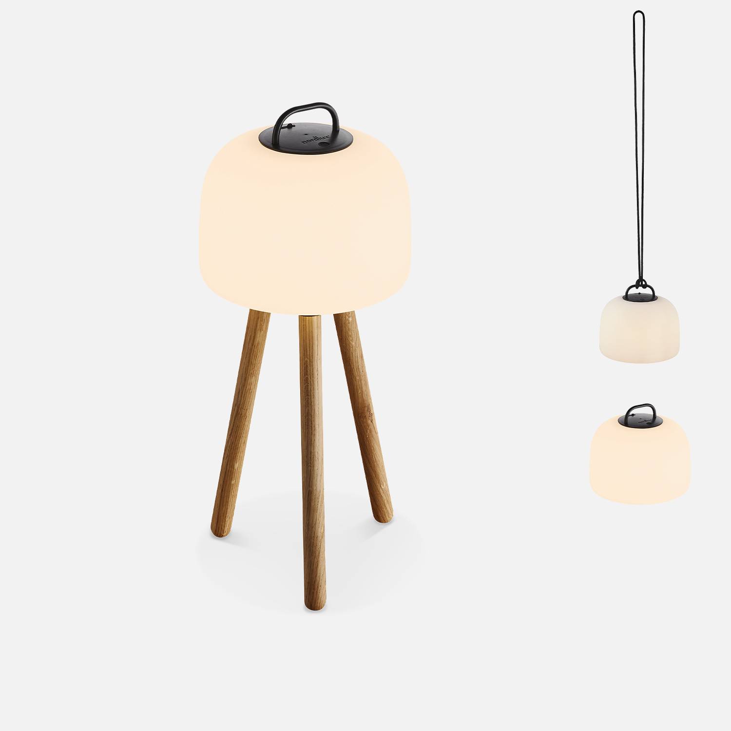 Lámpara LED de interior 3 en 1 - lámpara de plástico con pies de madera de caucho, Ø22cm recargable, para colgar, con trípode de 35cm y cuerda - TRIPADA L,sweeek,Photo1