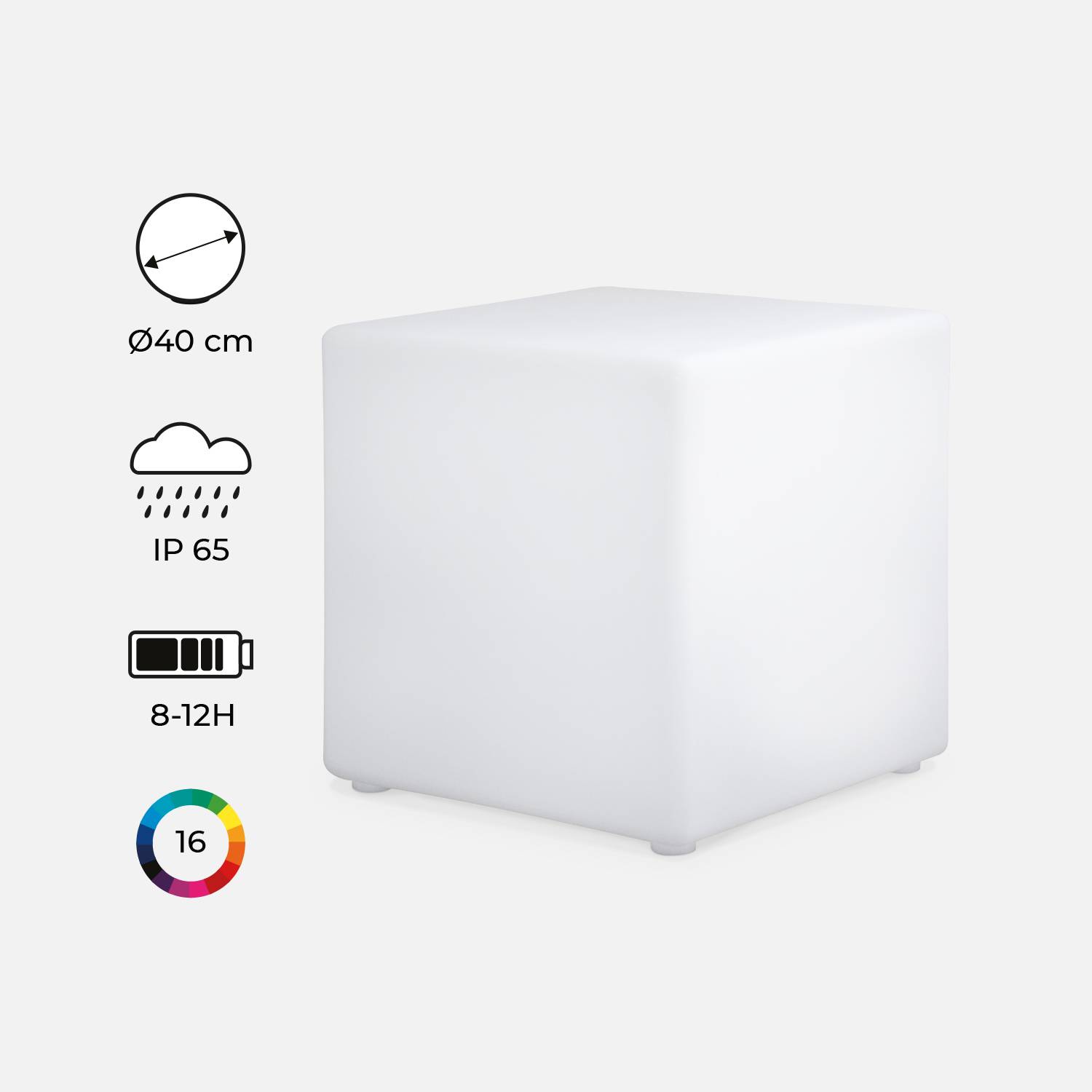 Cubo luminoso LED multicolor recargable sin cables para exterior  - 16 colores  - CUBO LED 40cm Photo1
