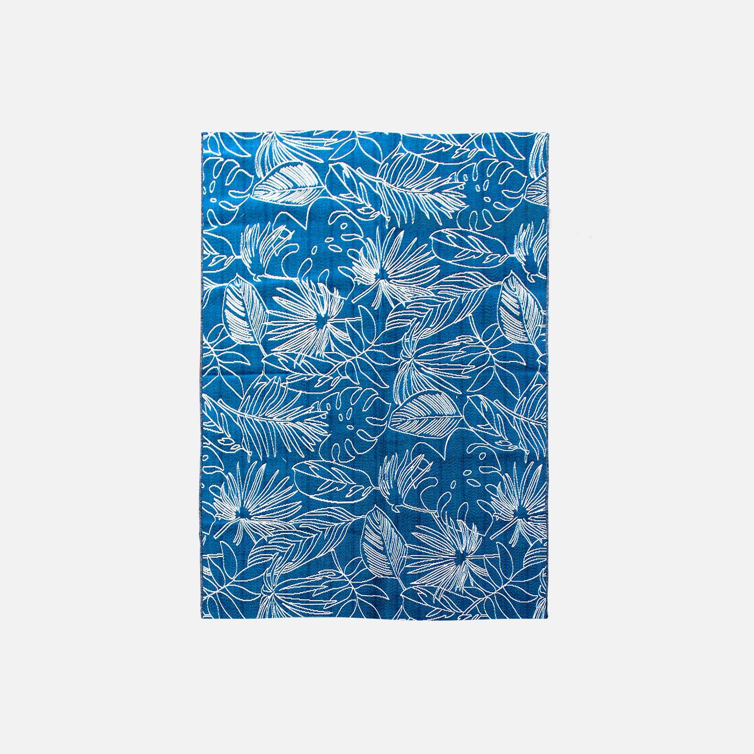 Teppich Outdoor/indoor 160 x 230 cm, Dichte 1,15 kg/m2, Entenblau mit exotischem Muster in Weiß, UV-behandelt, 4-Jahreszeiten Photo1